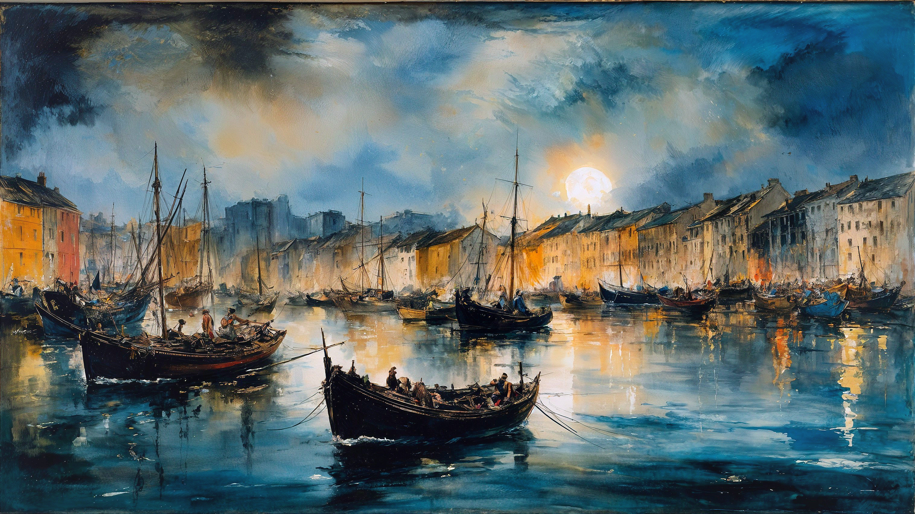 Serene Dusk Waterfront with Boats and Moonlight