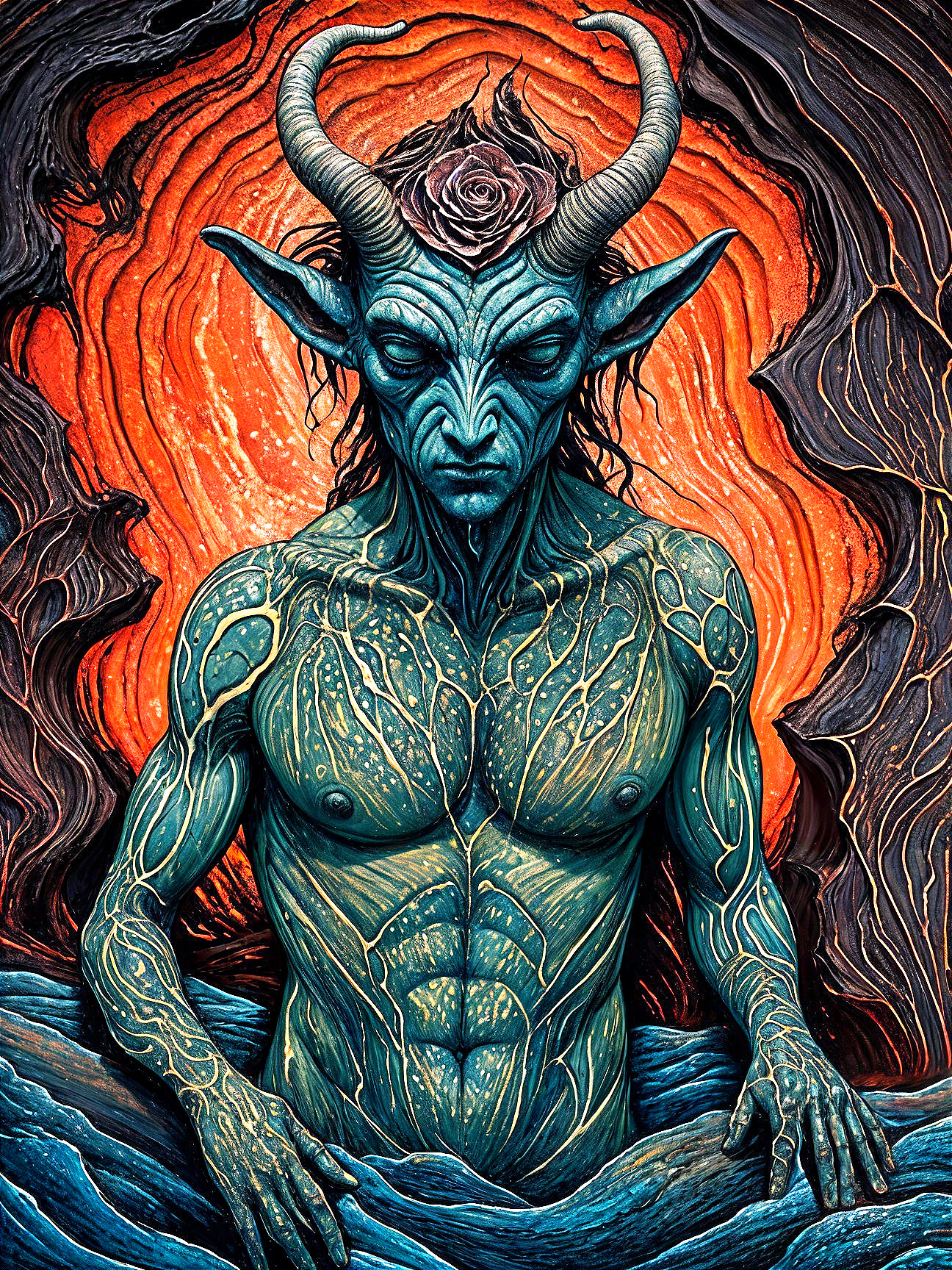 Mythical creature with blue skin and vine patterns