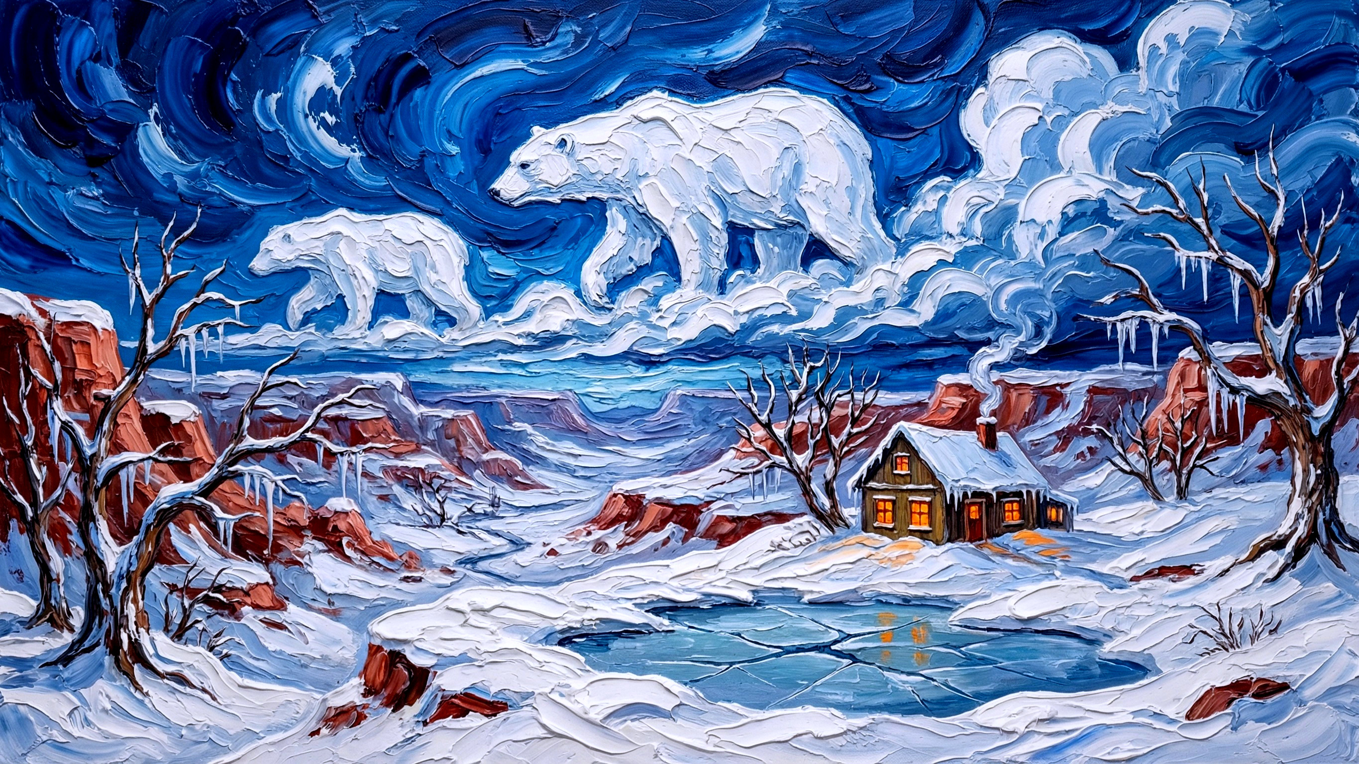 Textured Impasto Oil Painting of a Winter Wonderland