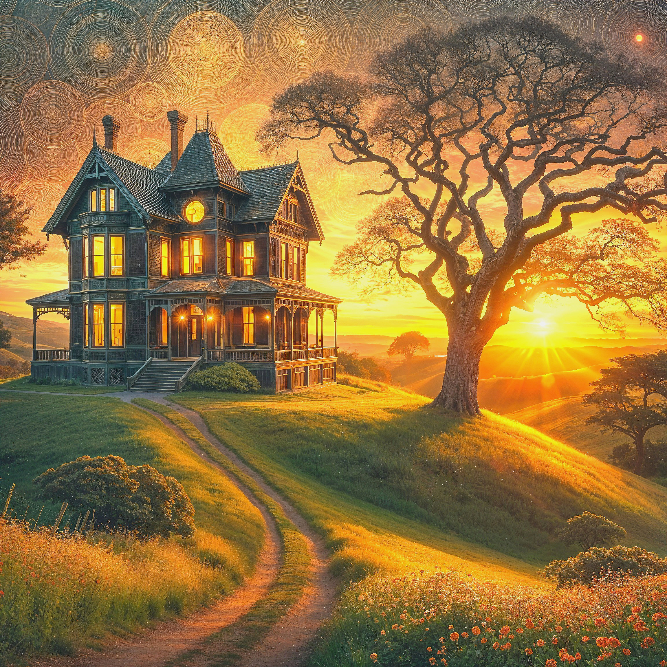 Victorian House on Hill with Sunset and Wildflowers