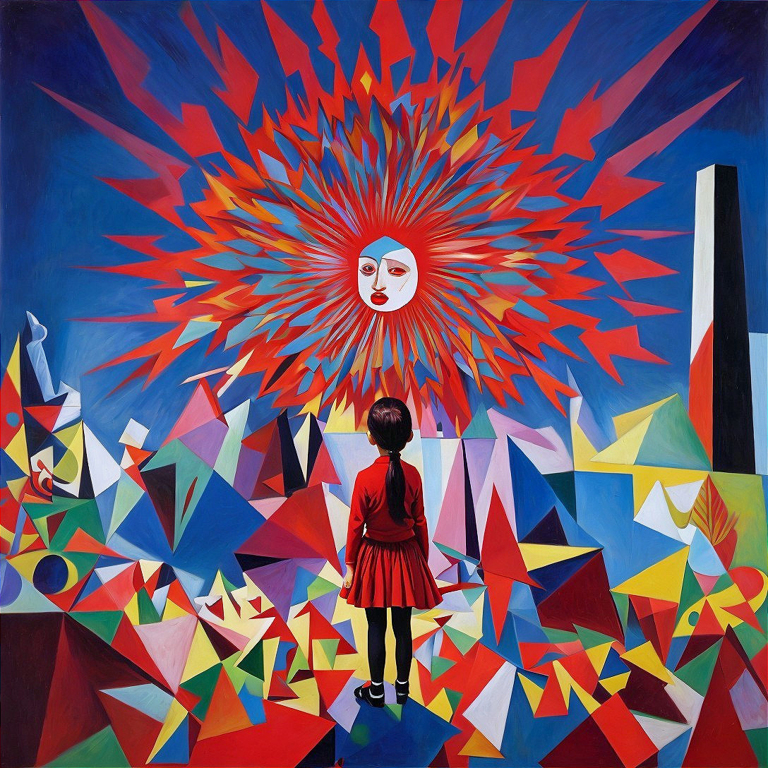 Young girl in red dress before abstract landscape