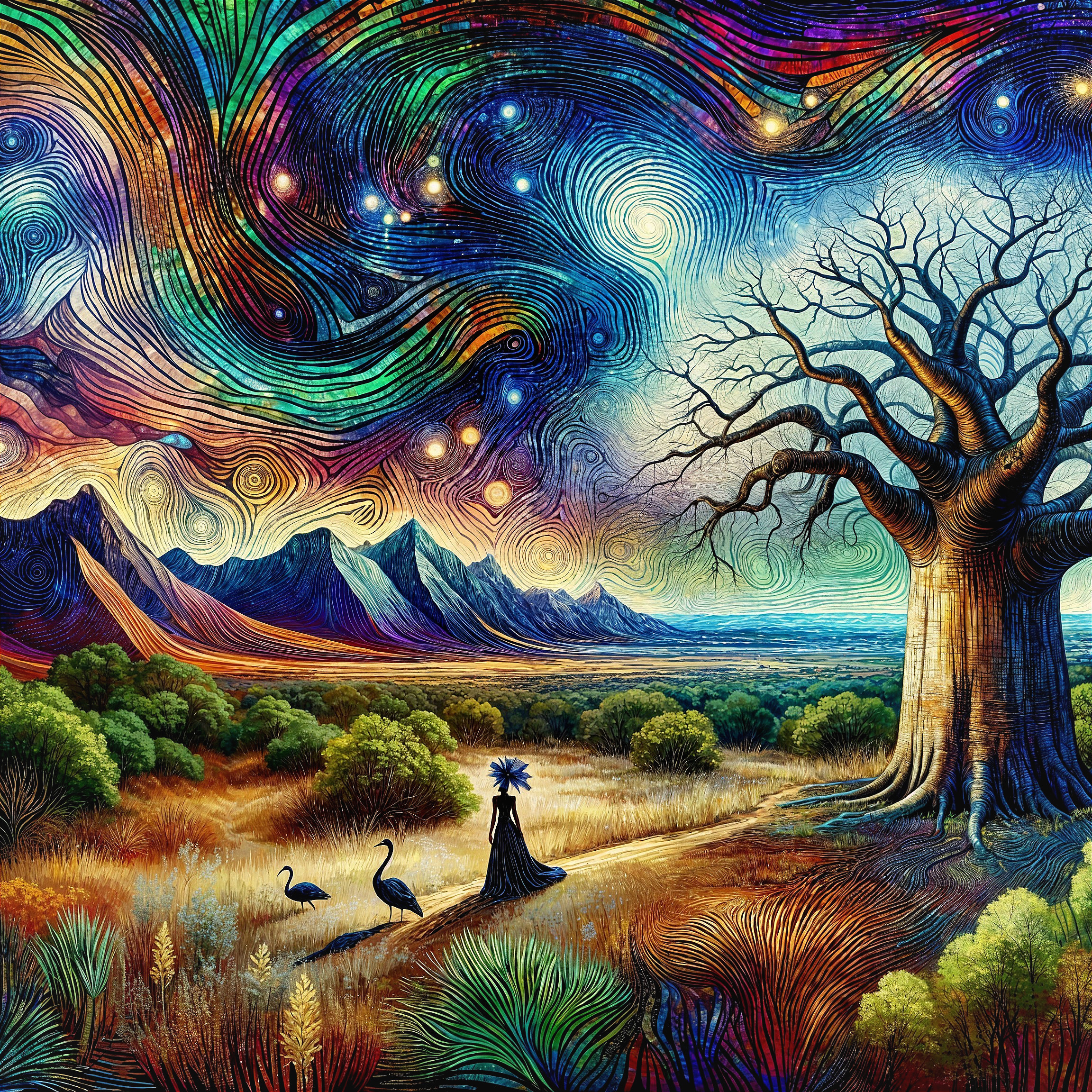 Surreal Landscape with Vibrant Skies and Tree