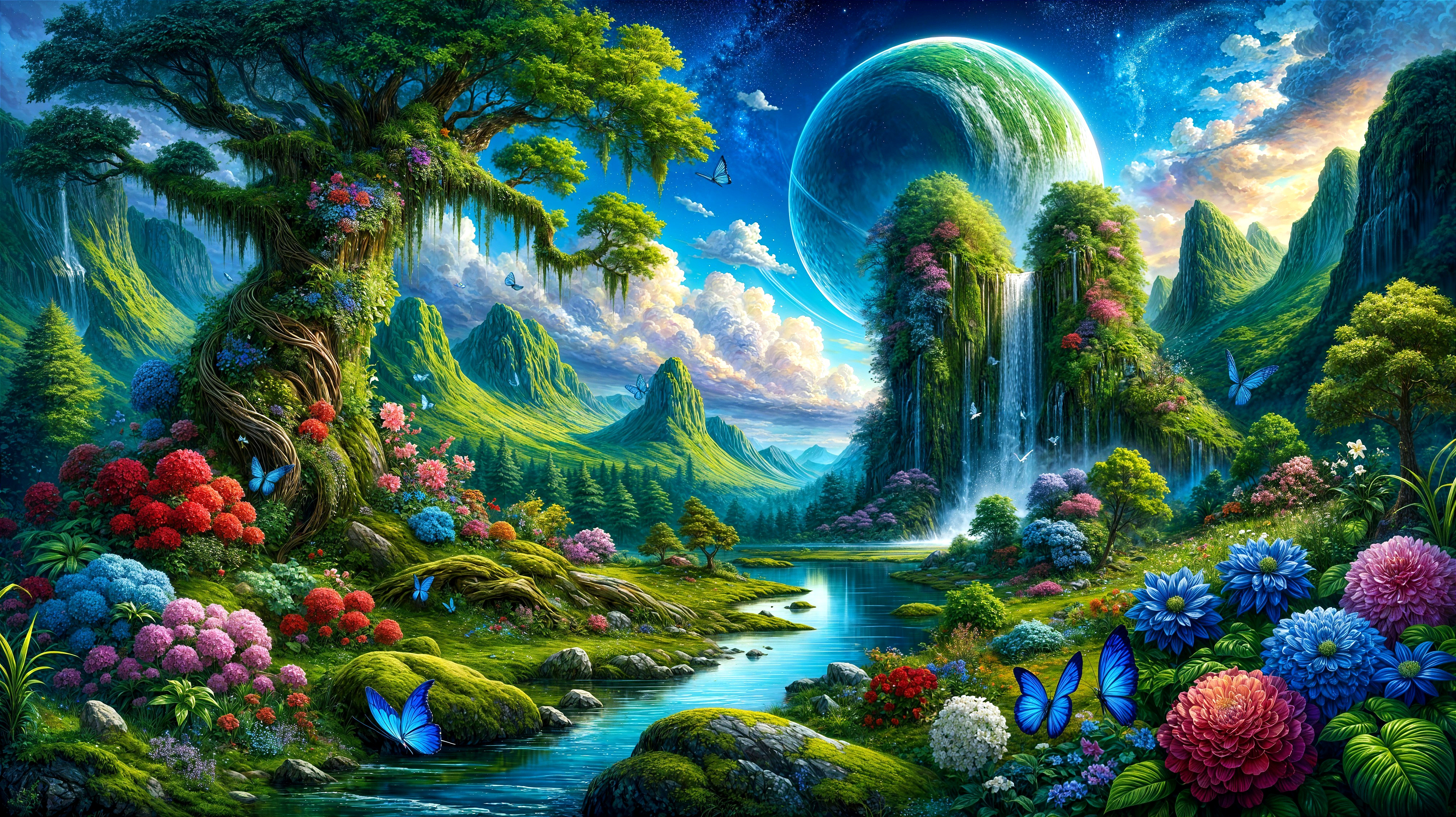 Vibrant Fantasy Landscape with Lush Greenery and Waterfalls