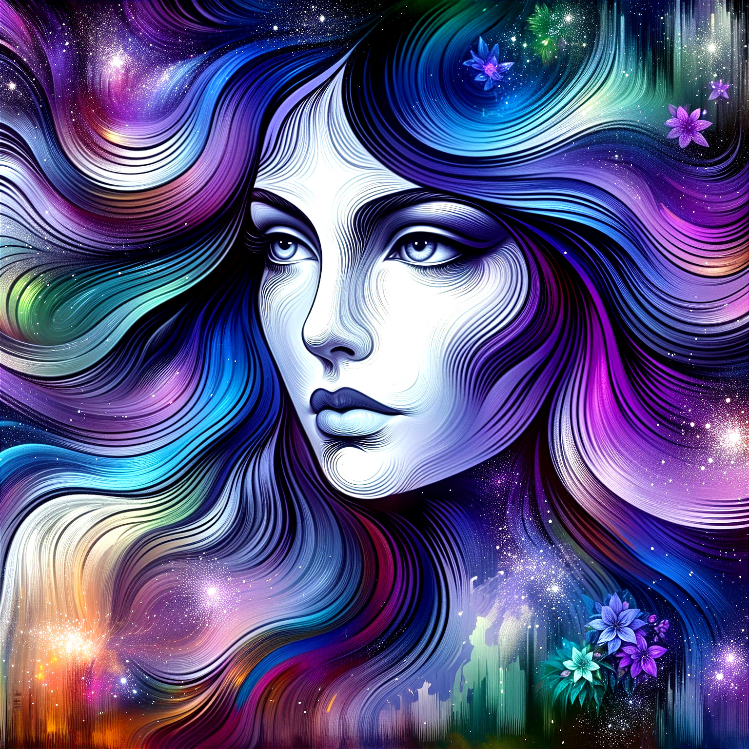 Stylized portrait of a woman with cosmic background