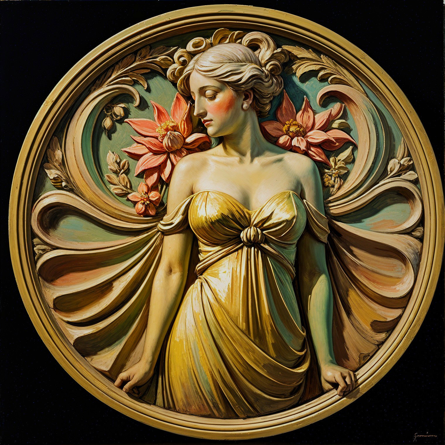 Relief sculpture of a woman in a golden gown