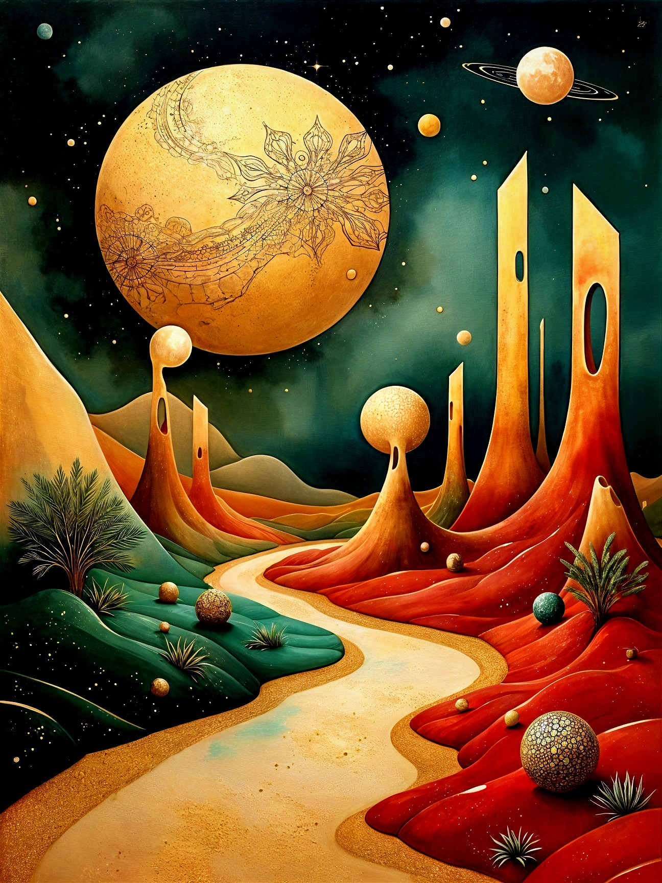 Surreal Landscape with Vibrant Hills and Celestial Sky