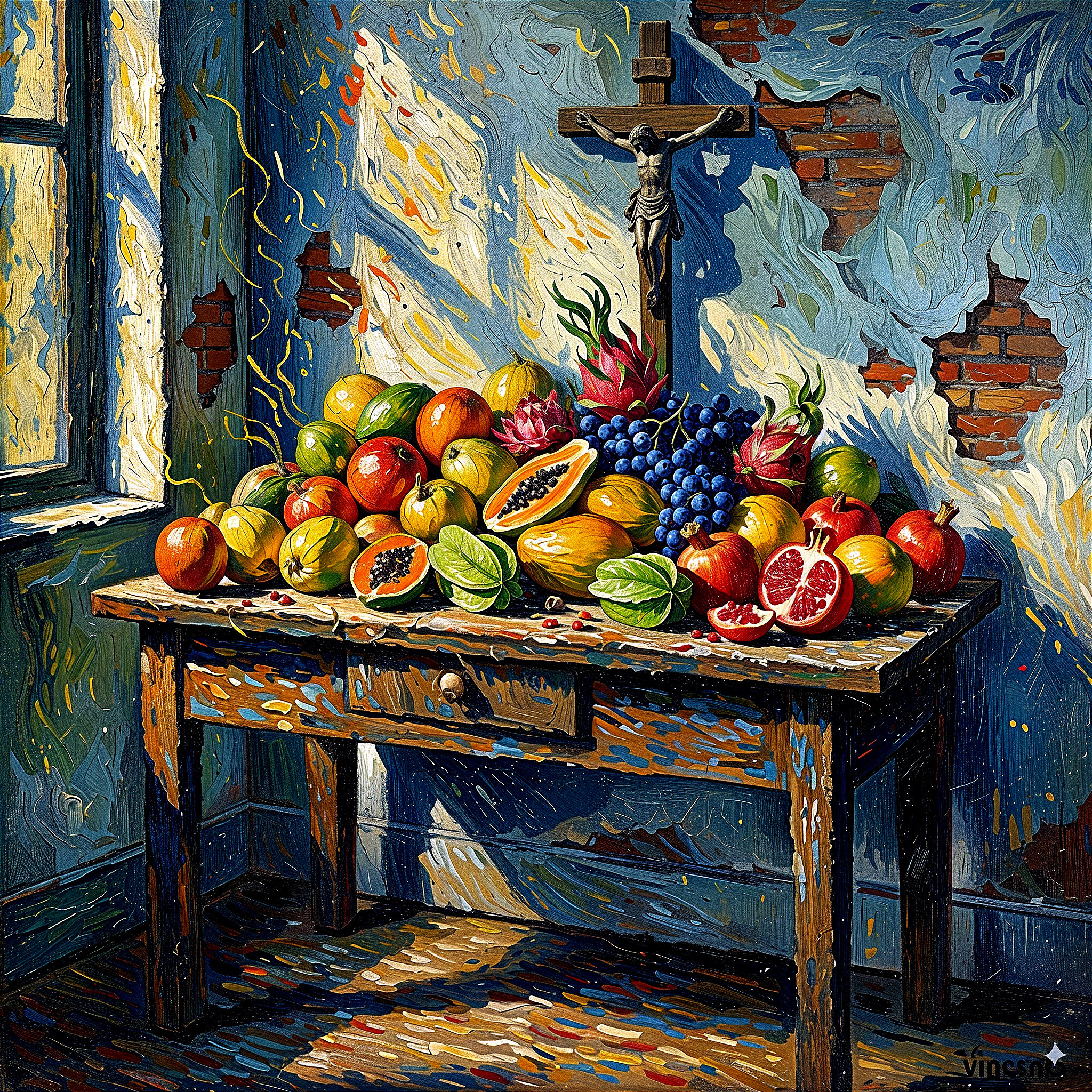 Rustic Table with Vibrant Fruits in Sunlit Room