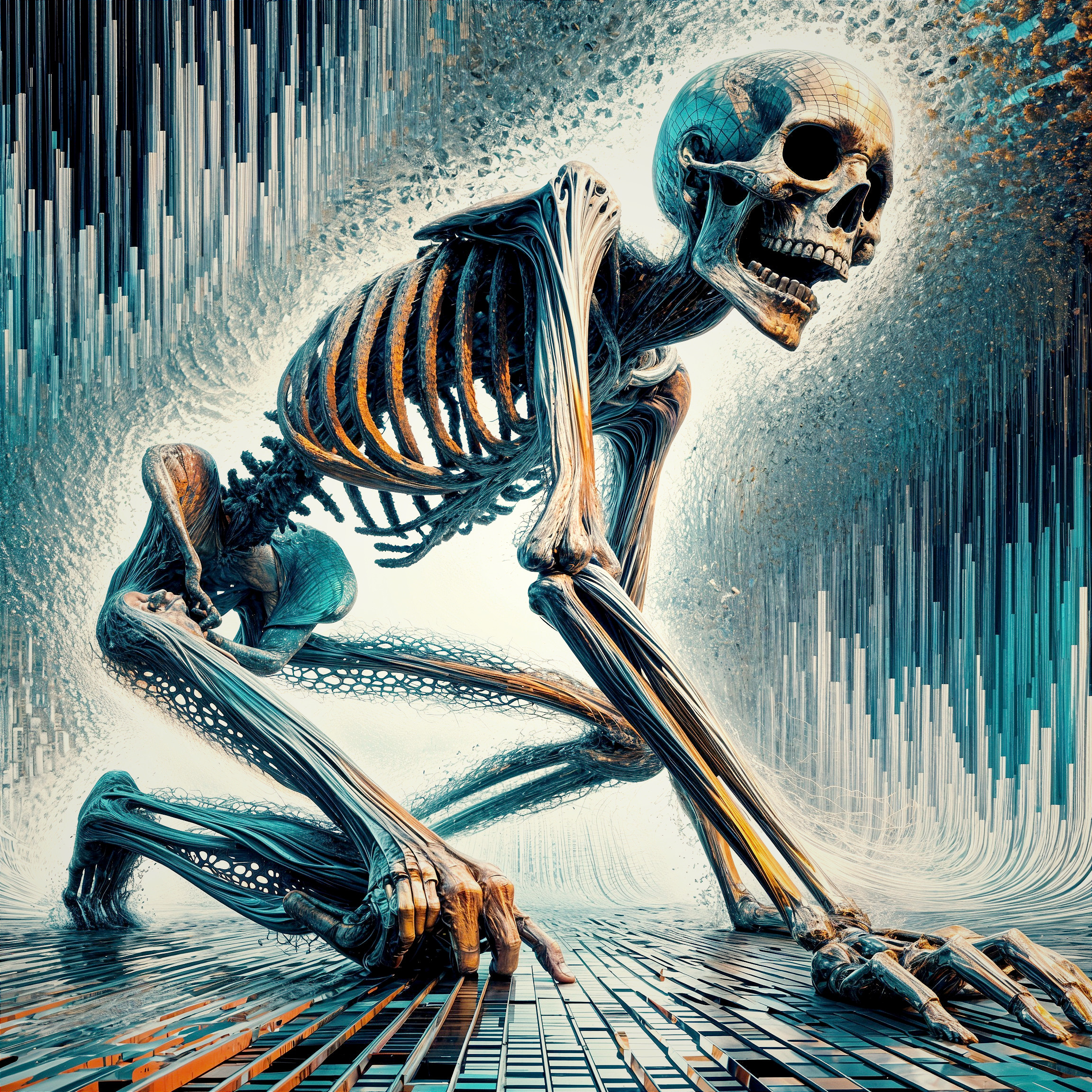 Stylized Skeletal Figure in Dynamic Crawling Position