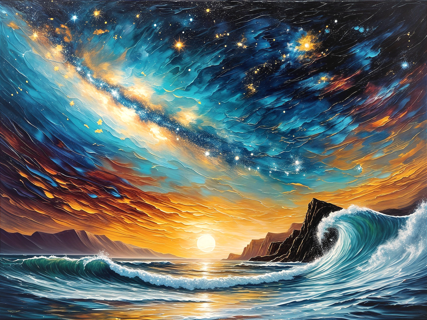 Seascape at Sunset with Vibrant Waves and Galaxy Sky
