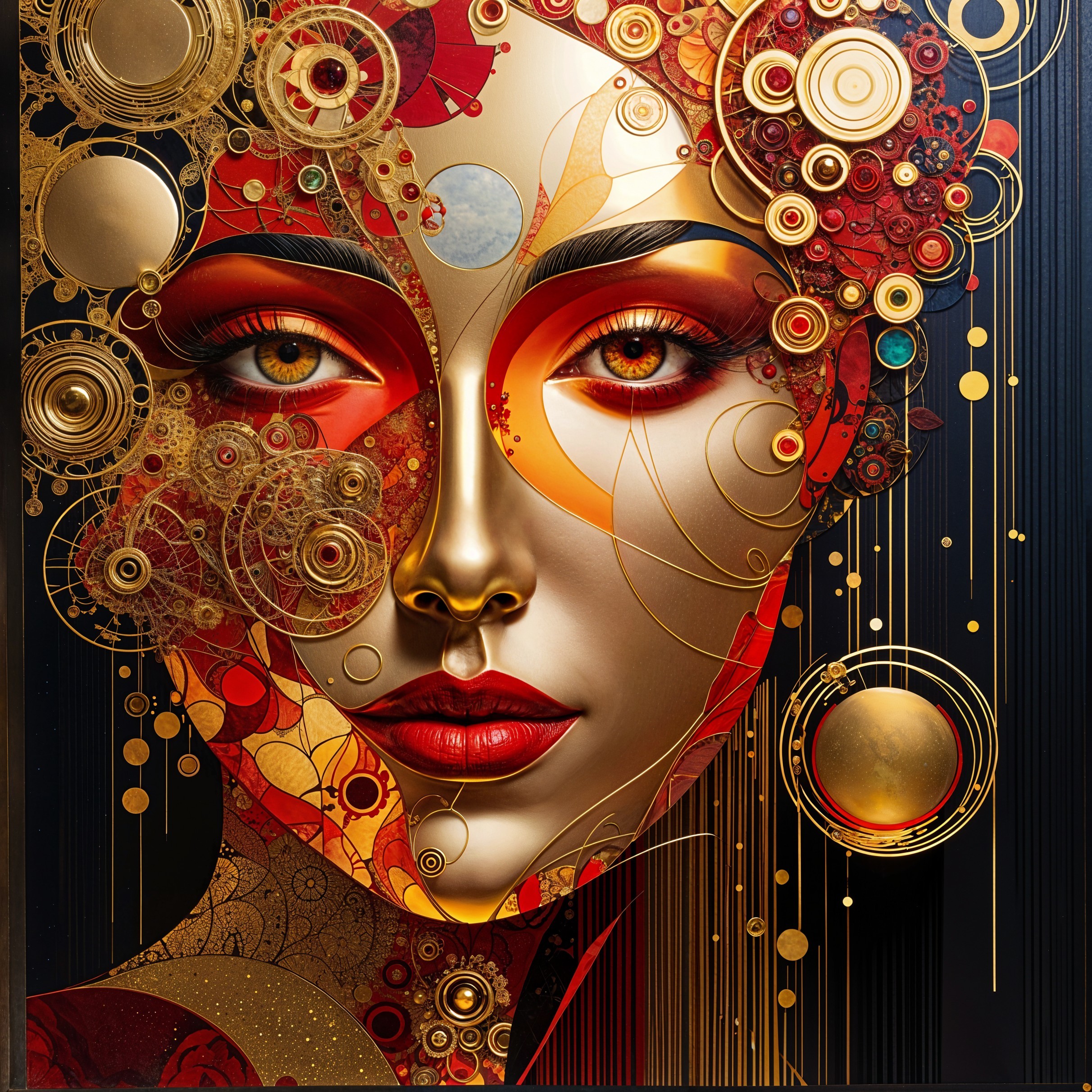 Vibrant Female Face with Swirling Patterns and Geometric Designs