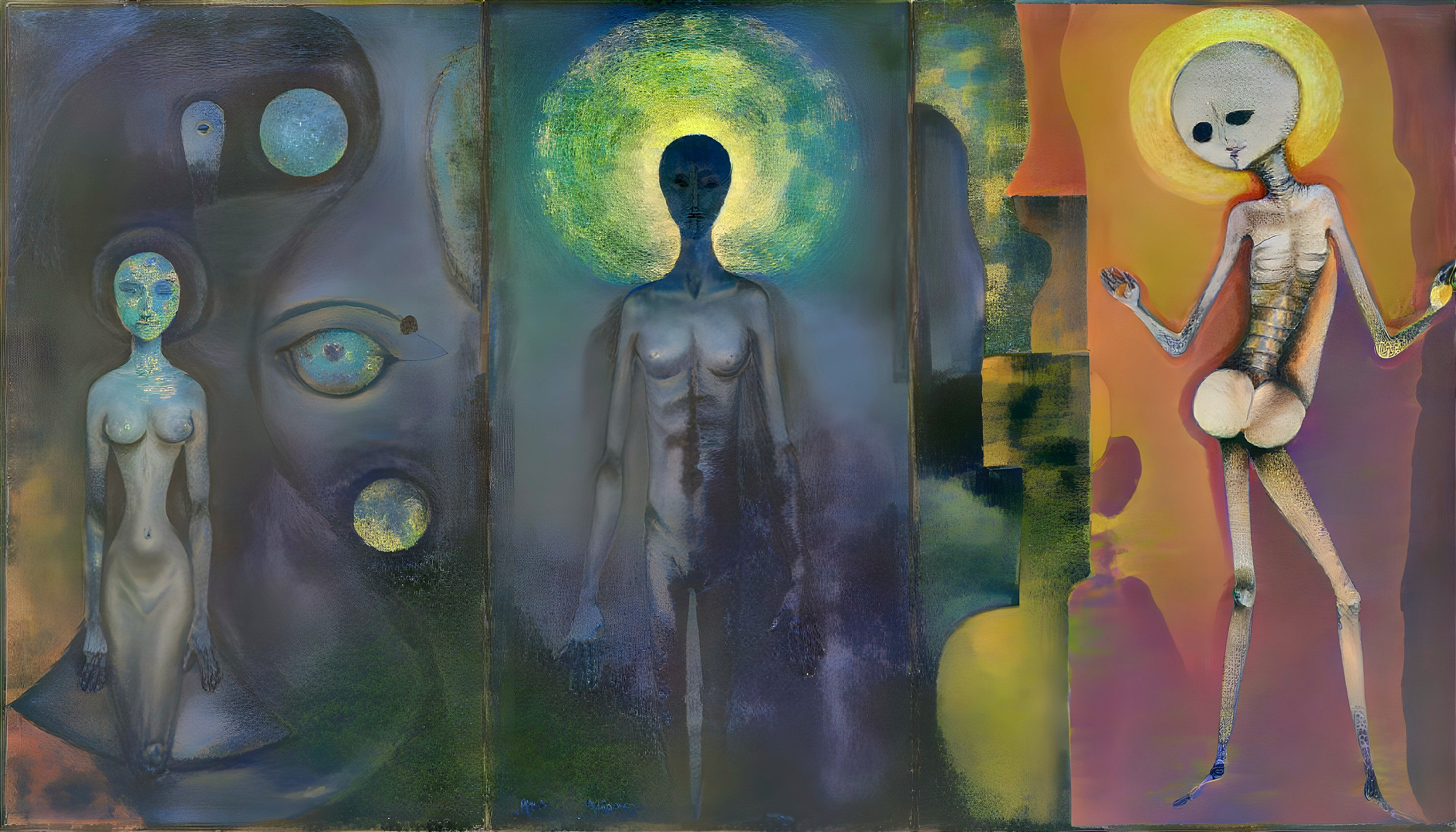 Surreal Triptych of Alien-Inspired Figures with Halos