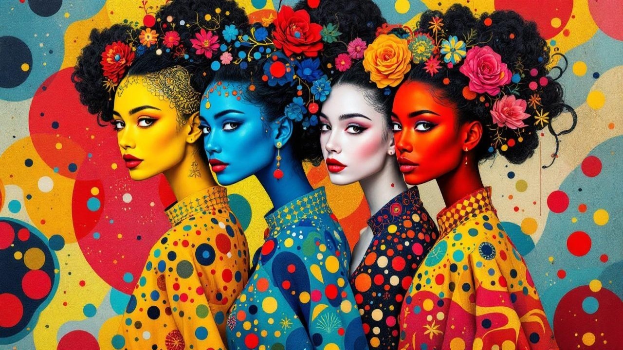 Four Women in Vibrant Colors with Floral Hairstyles