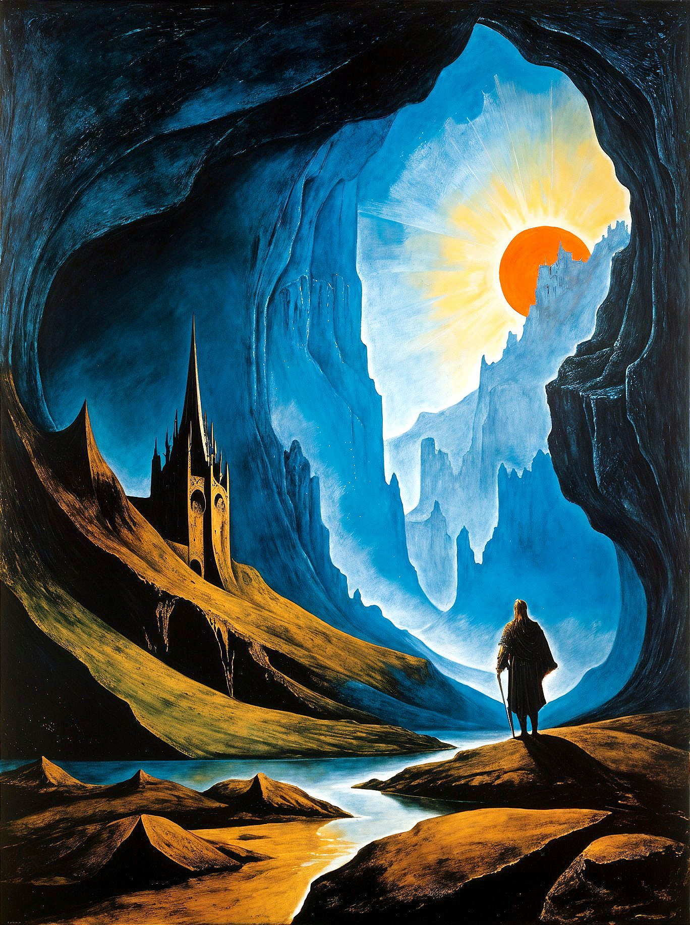 Cavern with Castle at Sunrise and Silhouetted Figure