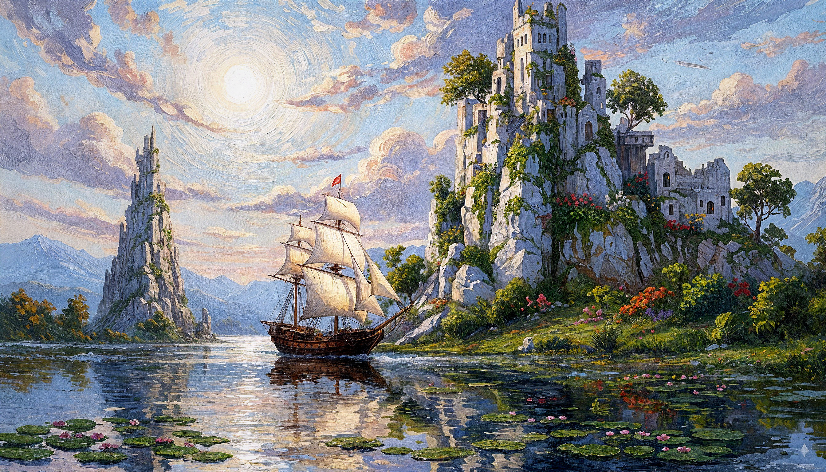 Serene Landscape with Ship and Towering Cliffs