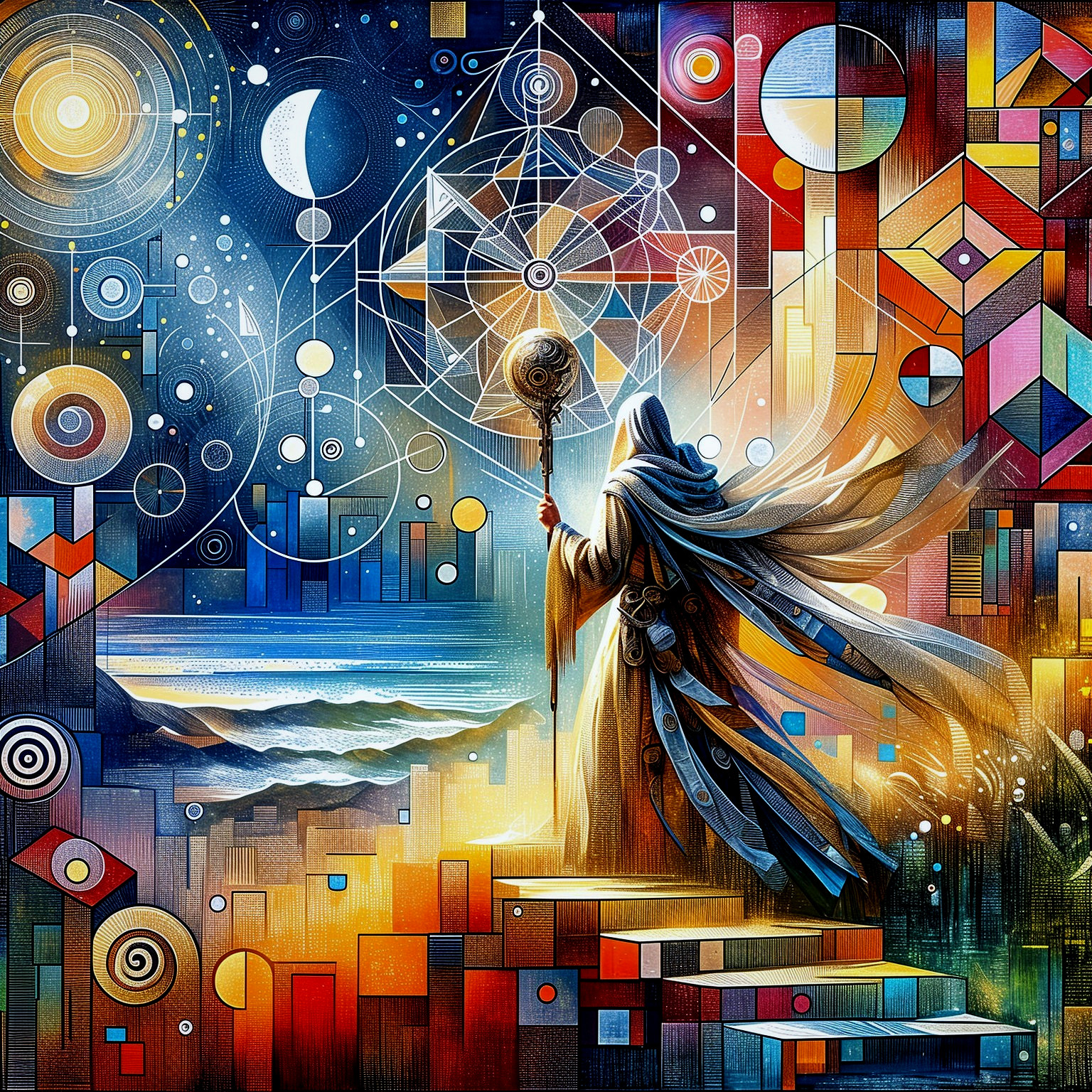 Mystical Figure on Vibrant Staircase with Ocean View