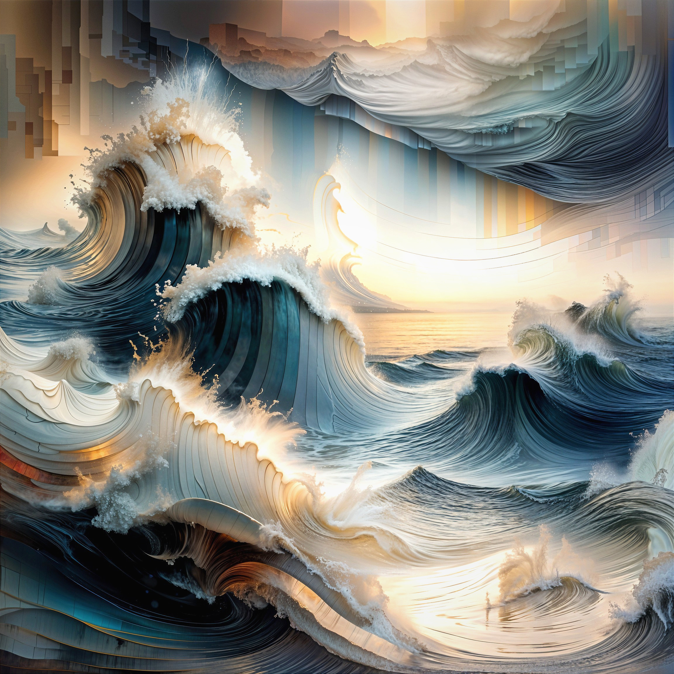 Dynamic Ocean Waves with Abstract Patterns and Sunset