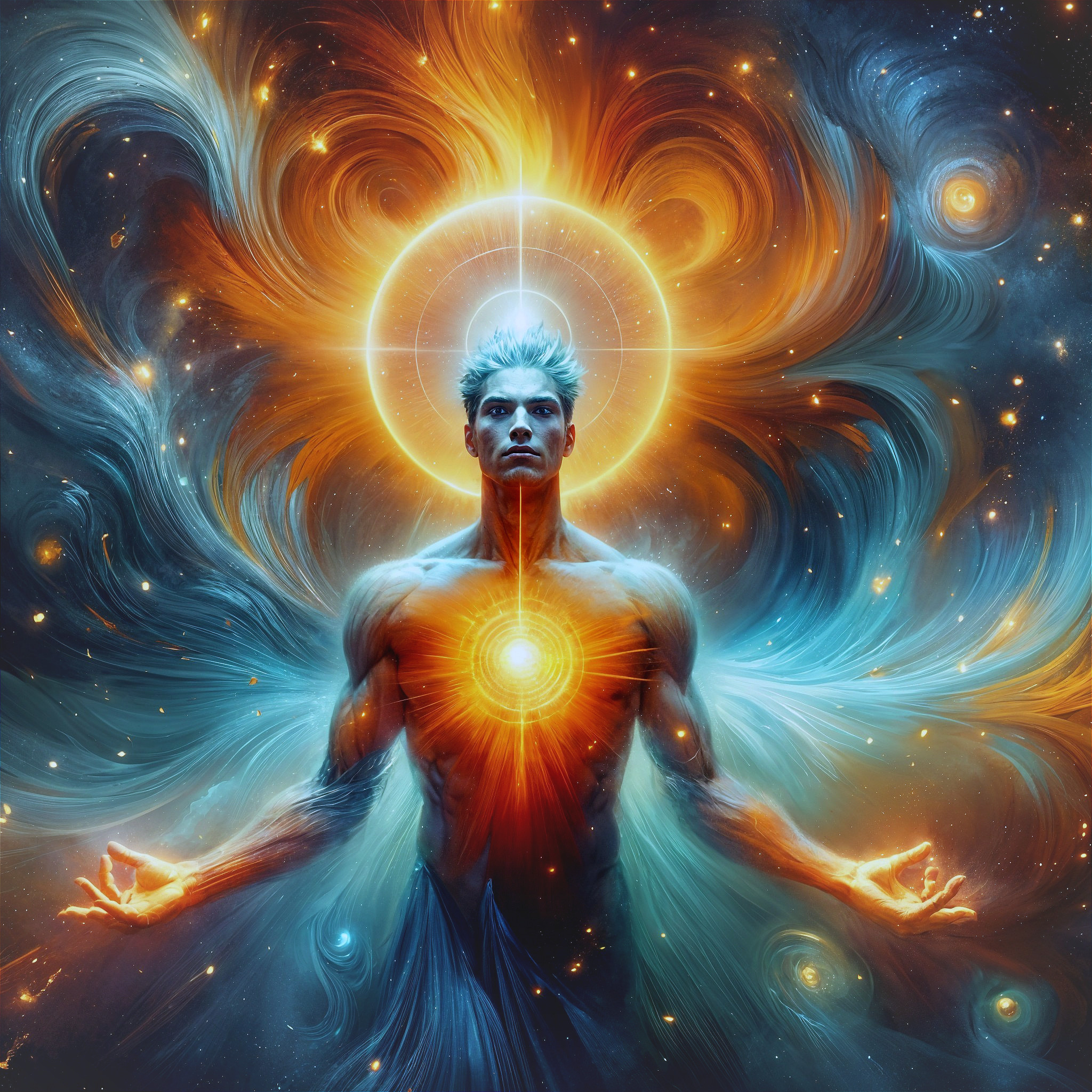 Cosmic Figure of a Man in Meditation with Orbs
