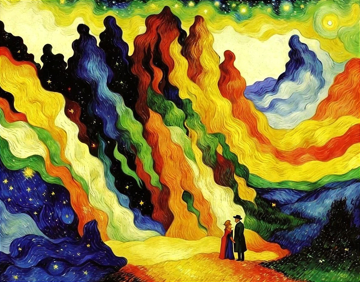 Impressionist-style landscape with swirling colors and silhouetted figures