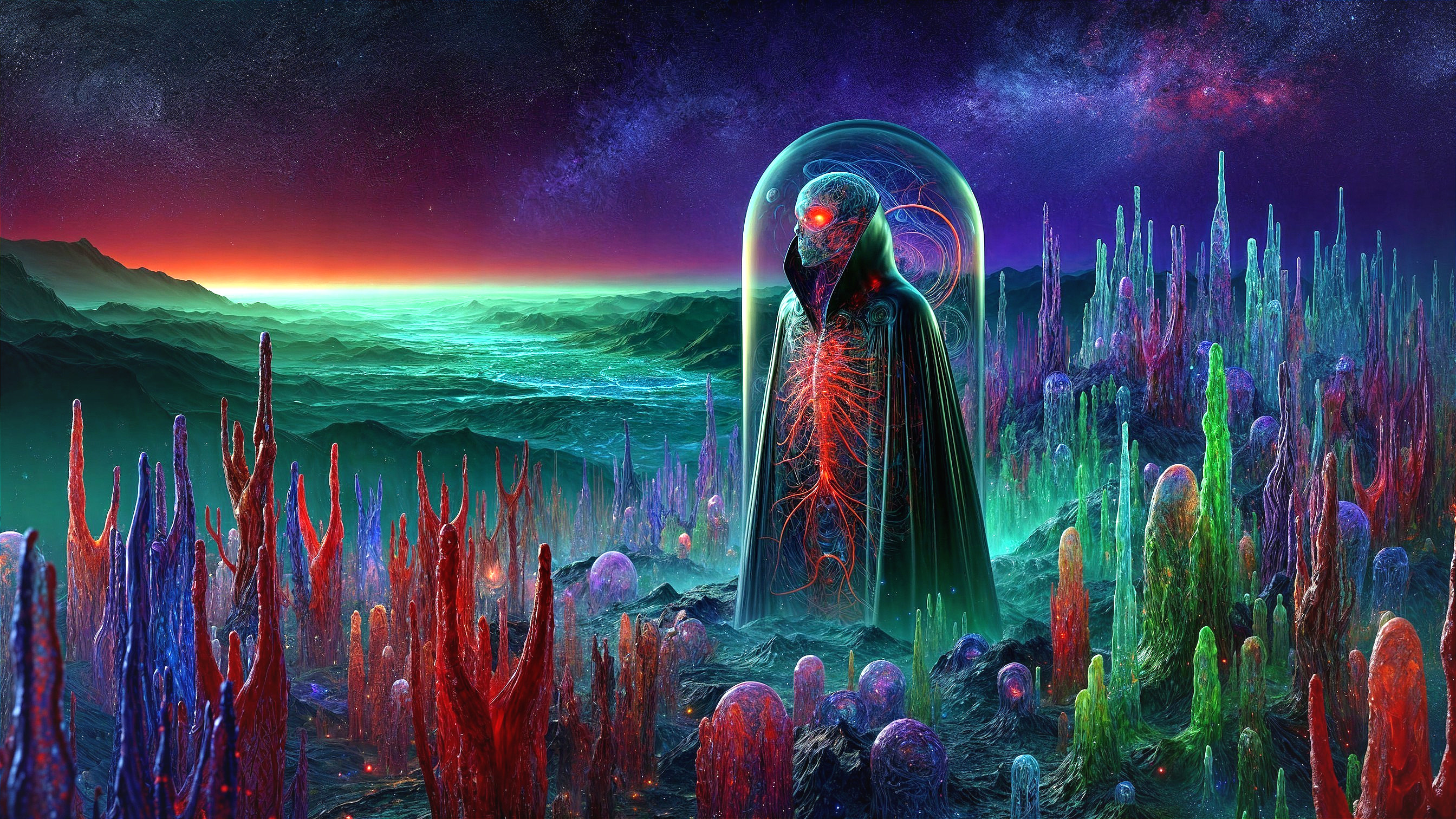 Surreal Alien Landscape with Vibrant Flora and Structures