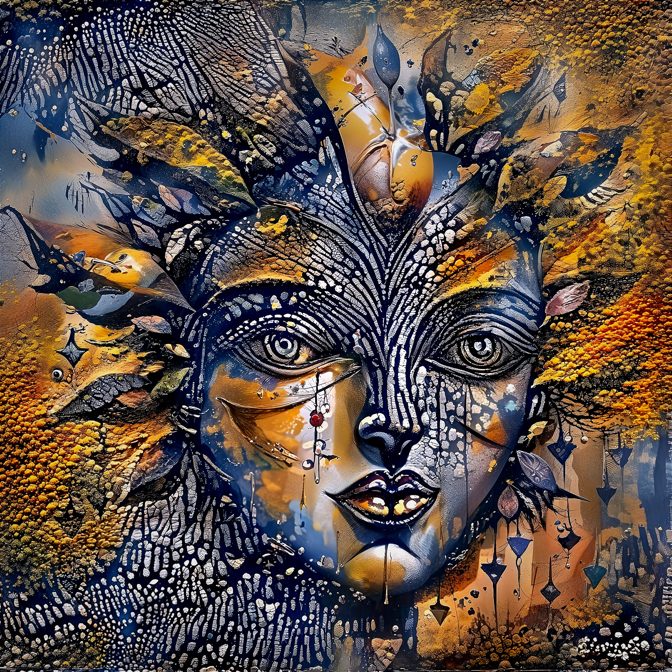 Intricate Face Artwork with Nature Elements and Colors