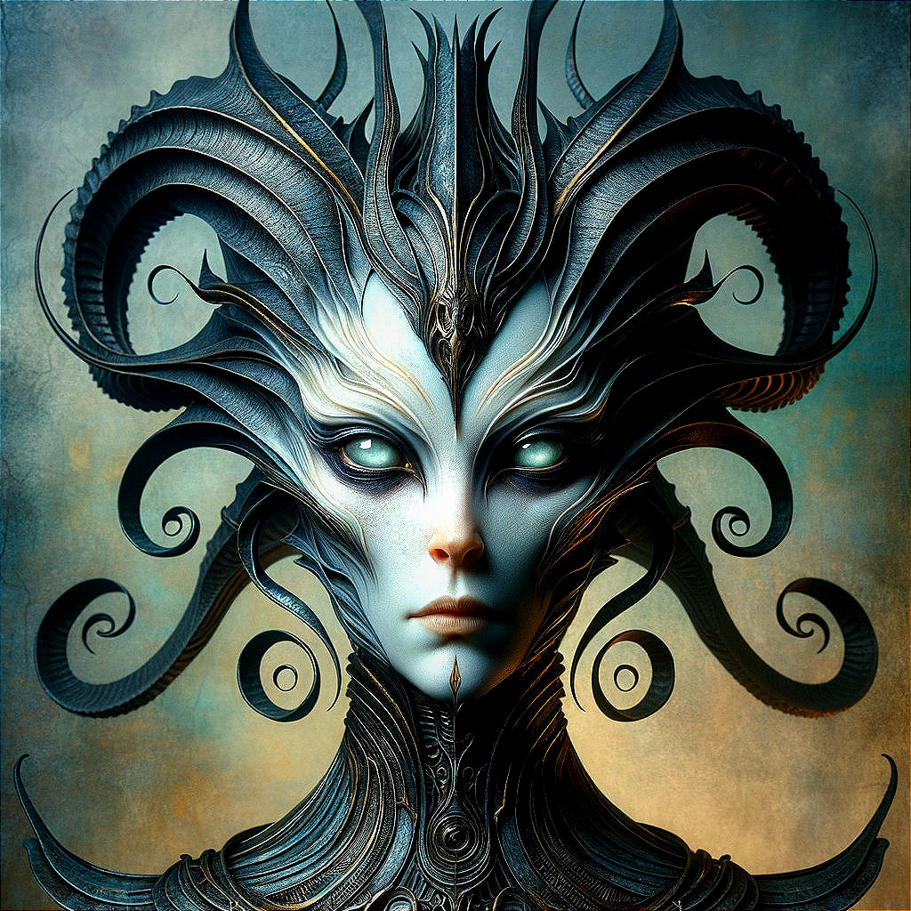Surreal Figure with Pale Face and Dark Horns