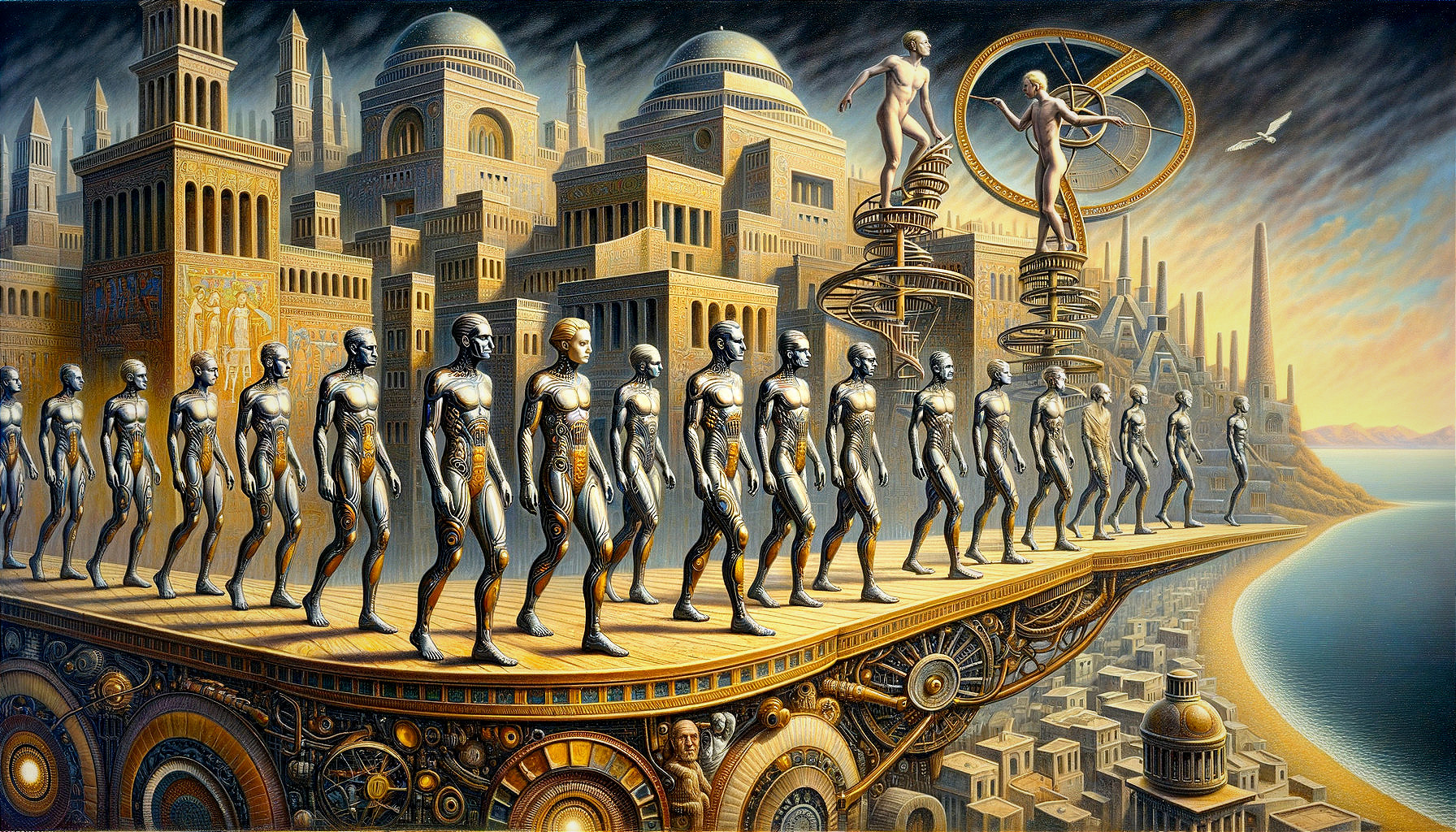 Surreal Futuristic City with Humanoid Figures and Beings