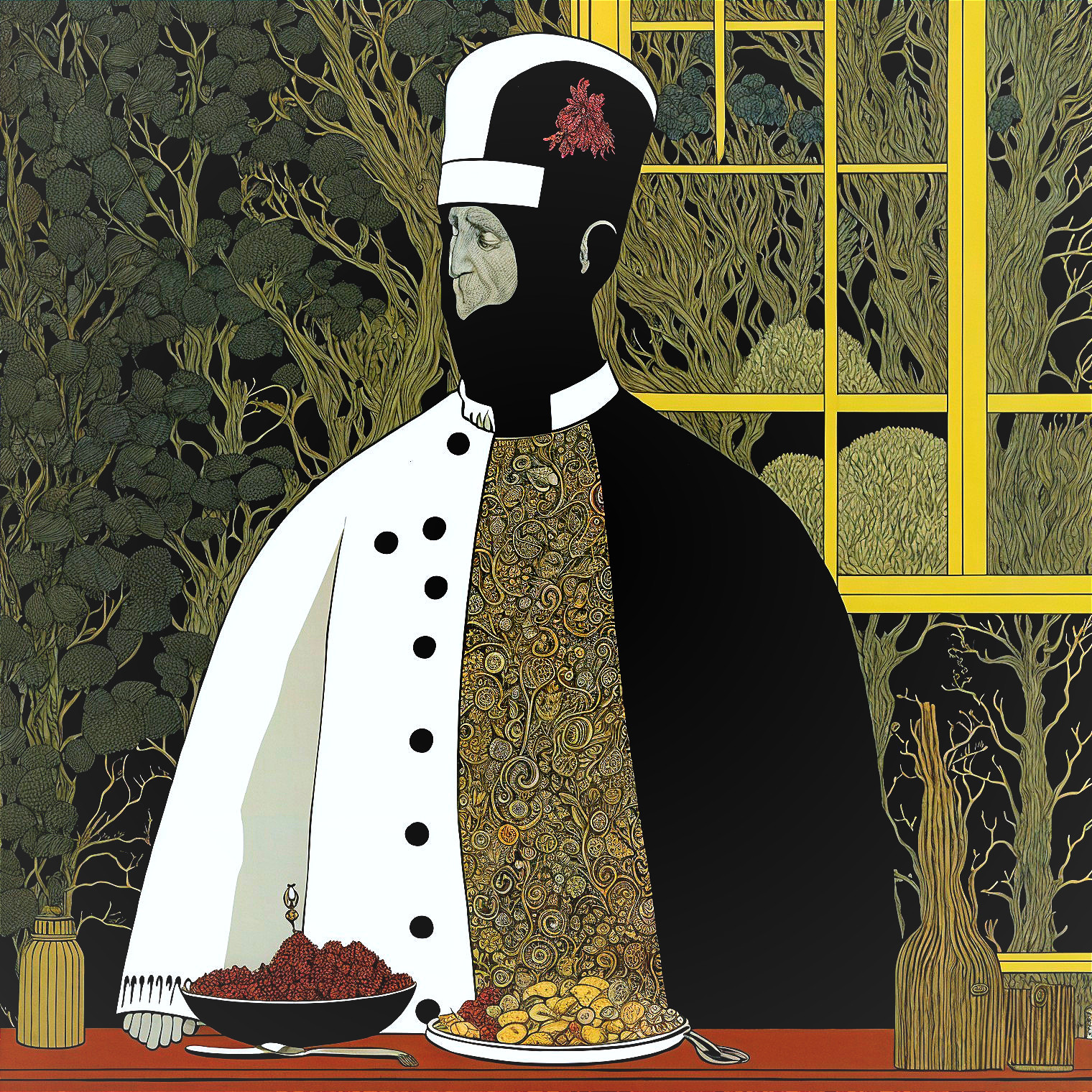 Stylized Chef Figure Amidst Lush Food Setting