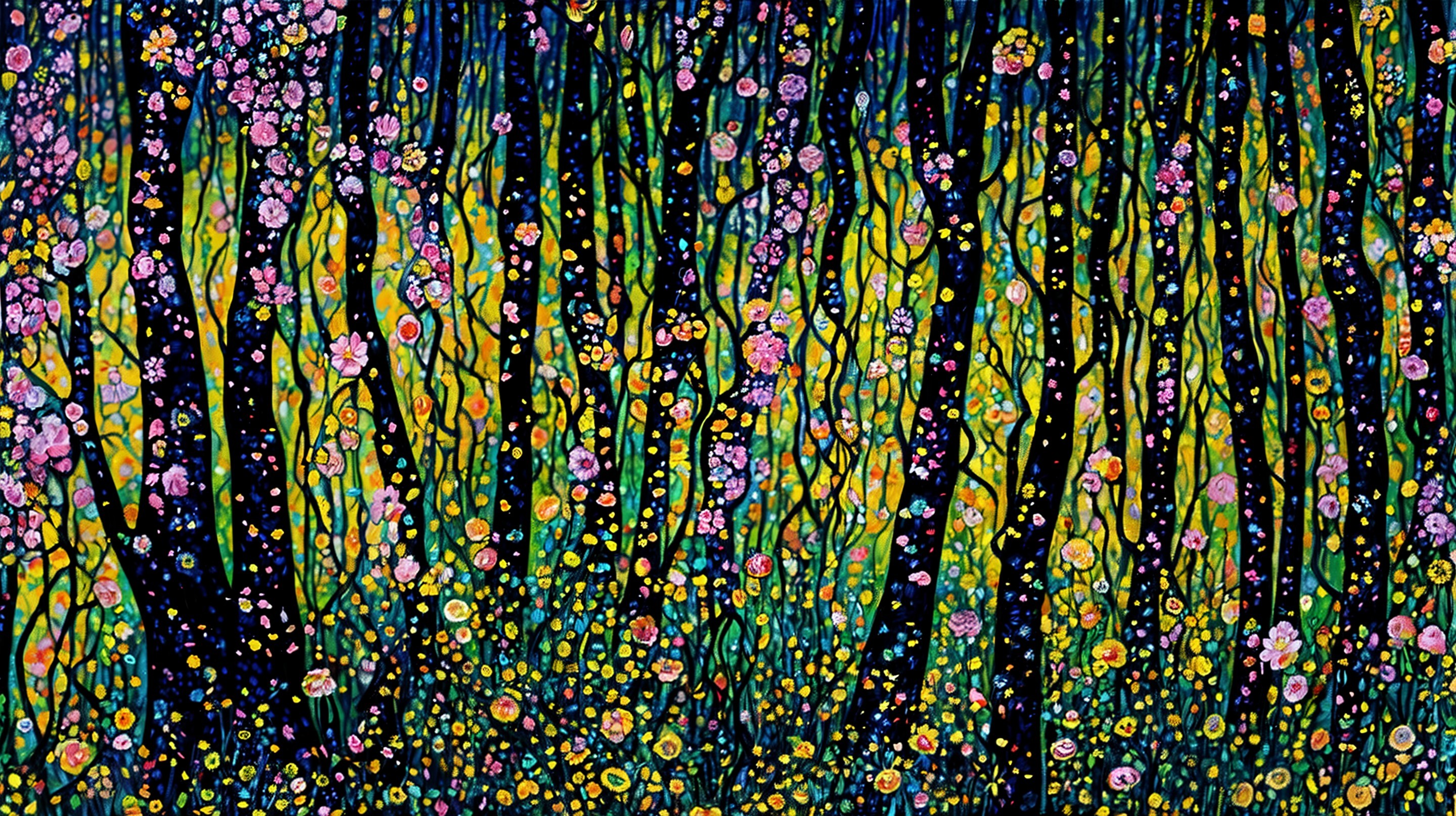 Vibrant Forest Scene with Colorful Flowers and Trees