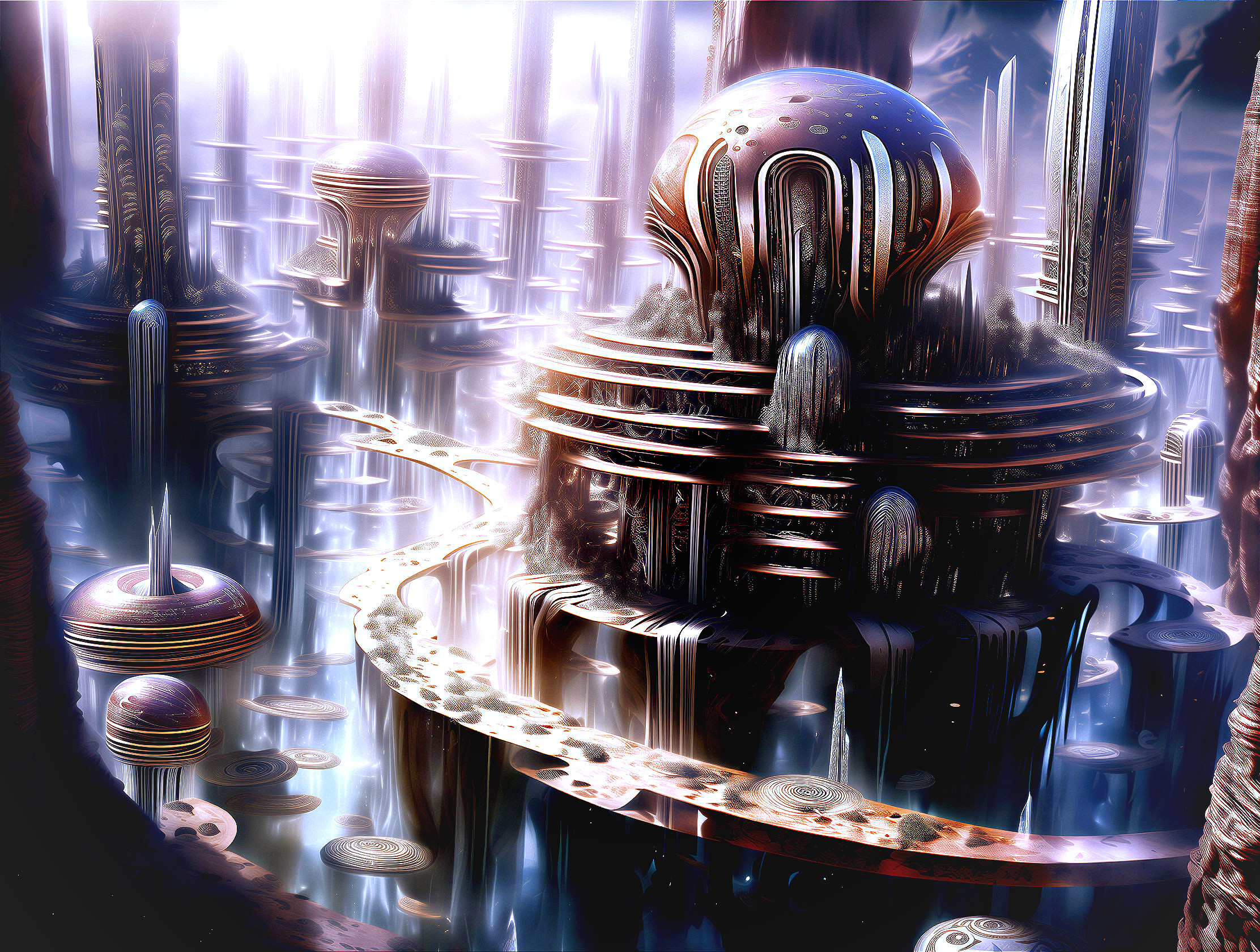 Surreal Futuristic Landscape with Towering Structures
