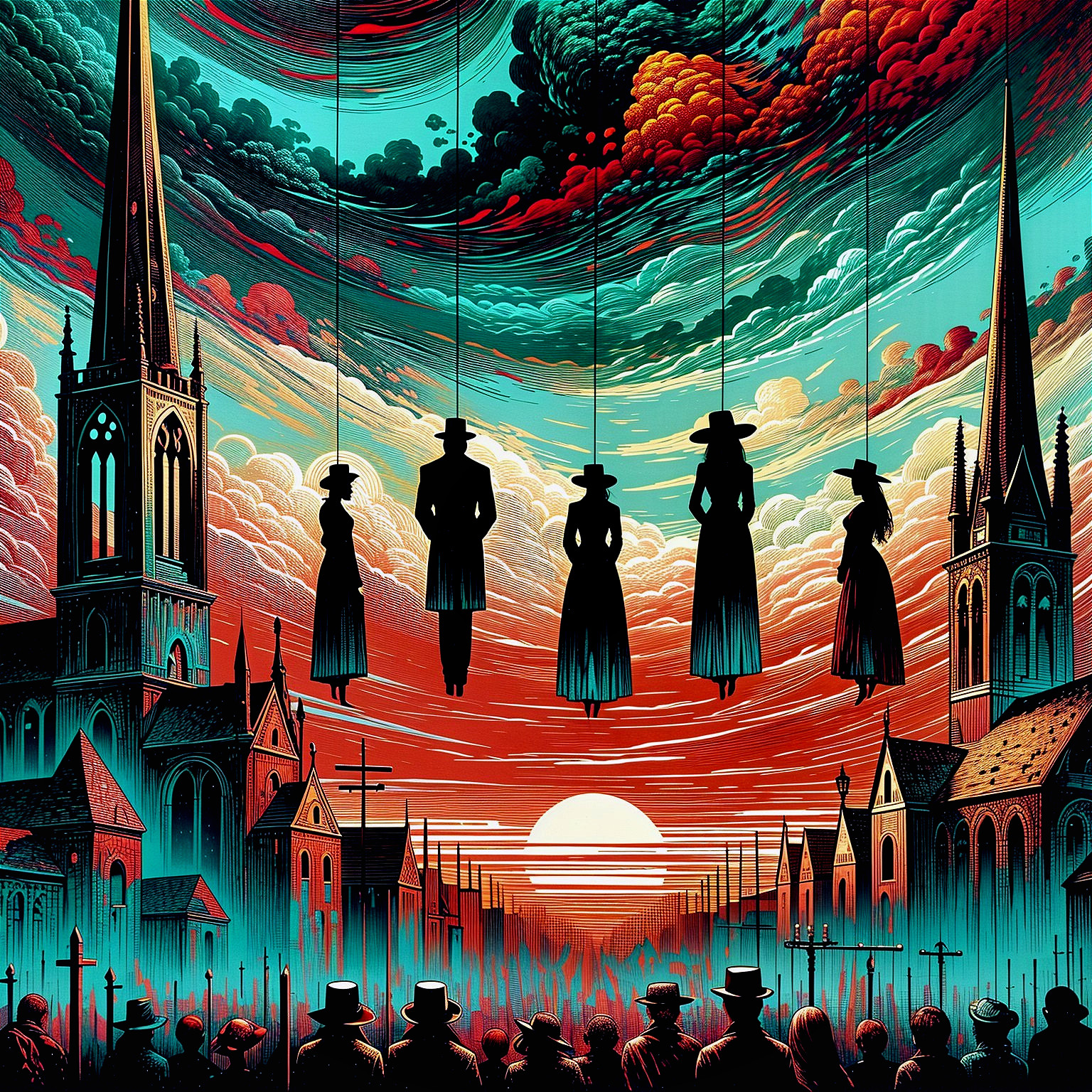 Silhouetted Figures Against Fiery Sunset and Gothic Spires