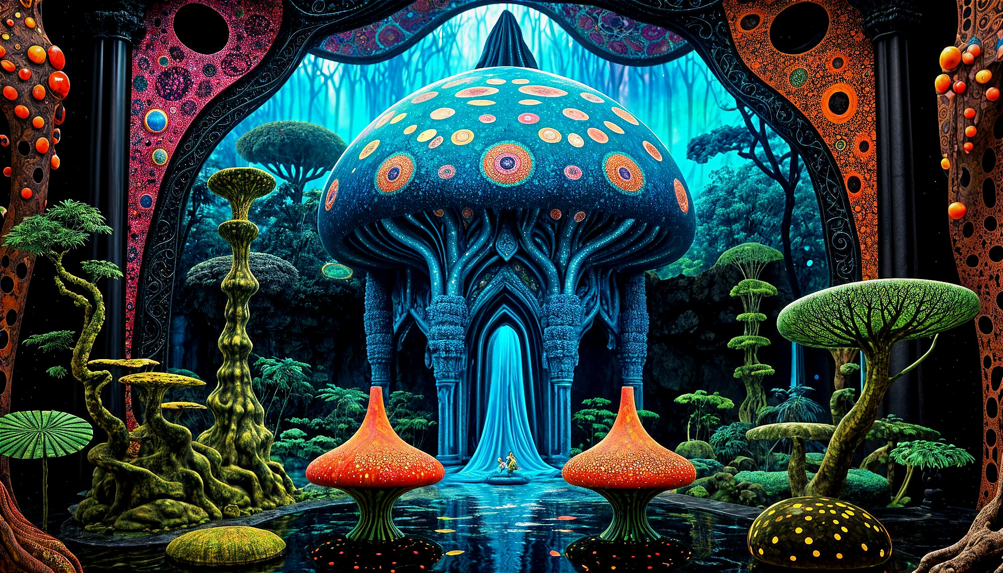 Vibrant Mushroom Landscape with Surreal Vegetation