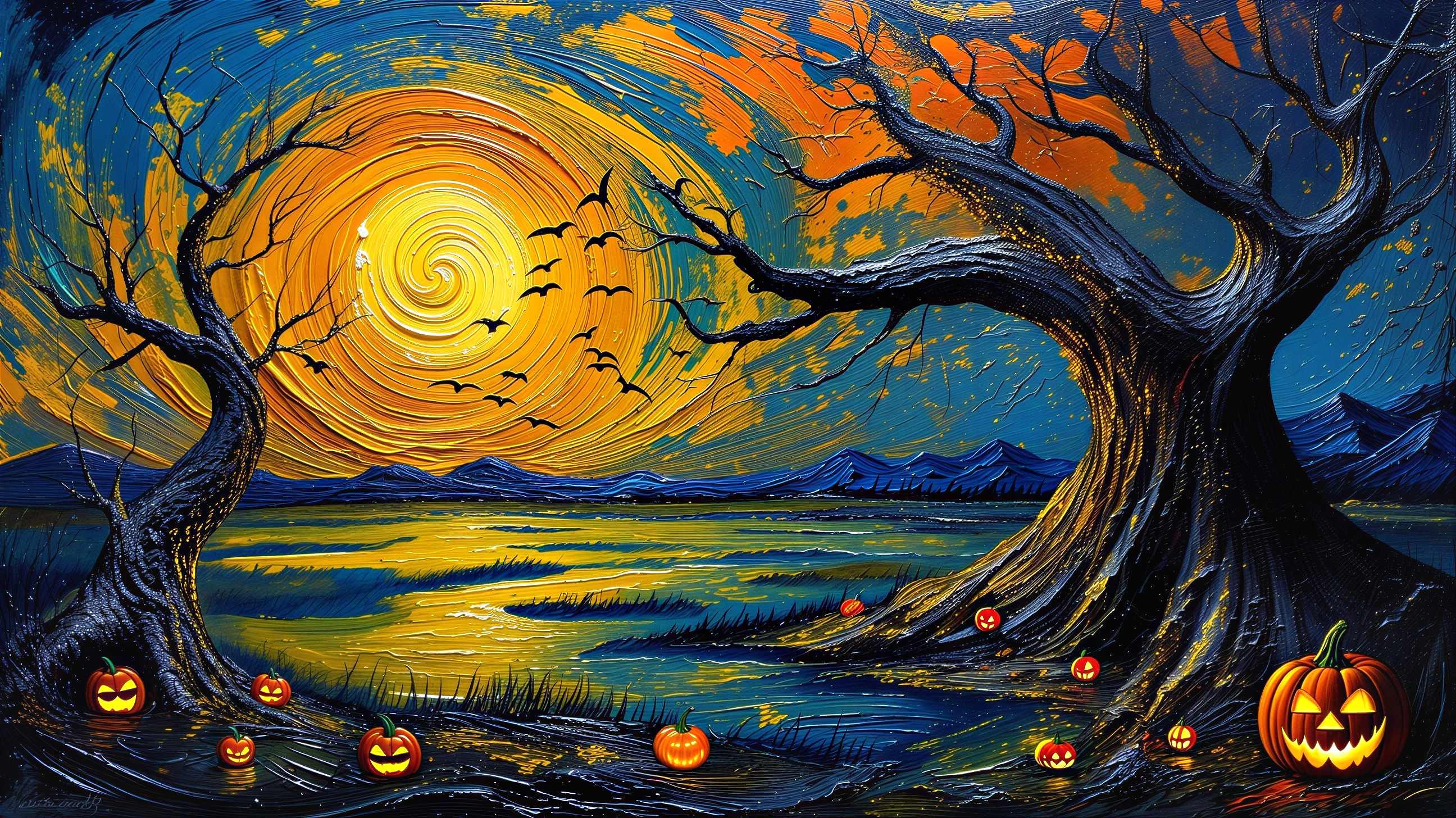 Vibrant Halloween Scene with Twisted Trees and Pumpkins