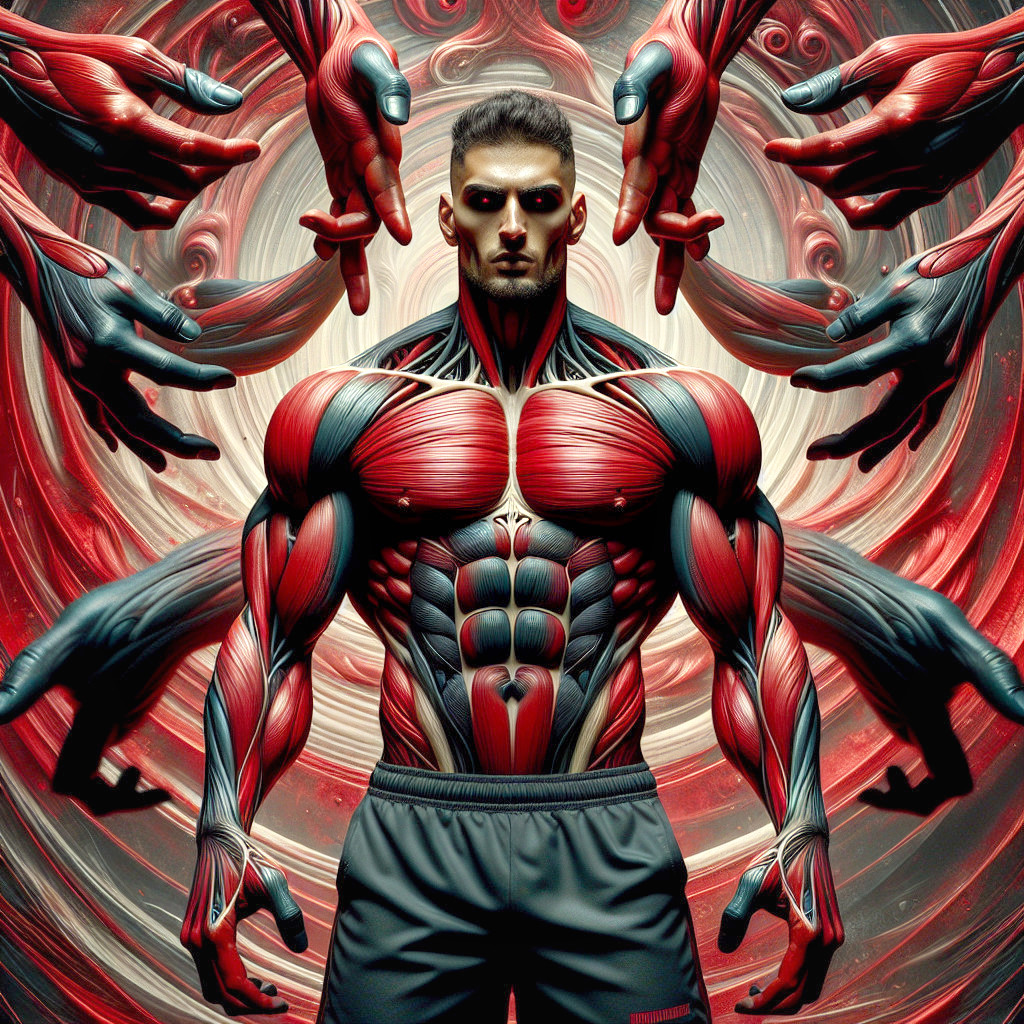 Muscular Figure with Vibrant Background and Dynamic Hands