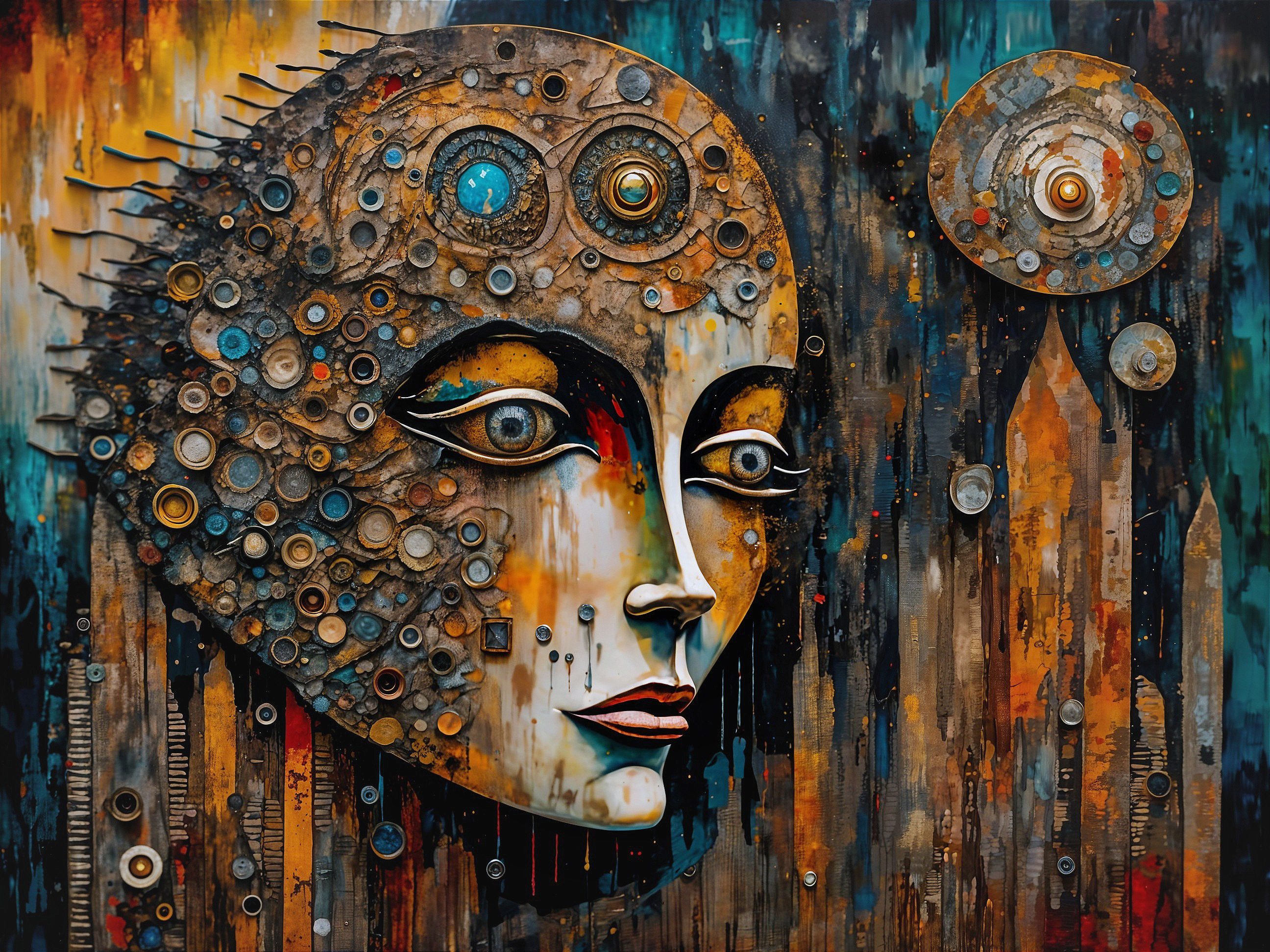 Intricate Face Artwork with Metallic Textures and Colors