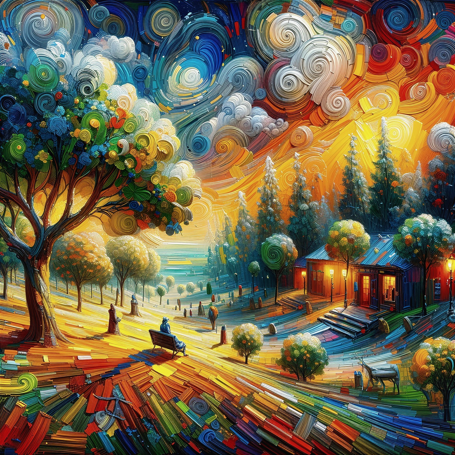 Vibrant Sunset Landscape with Tree and Cabin Scene