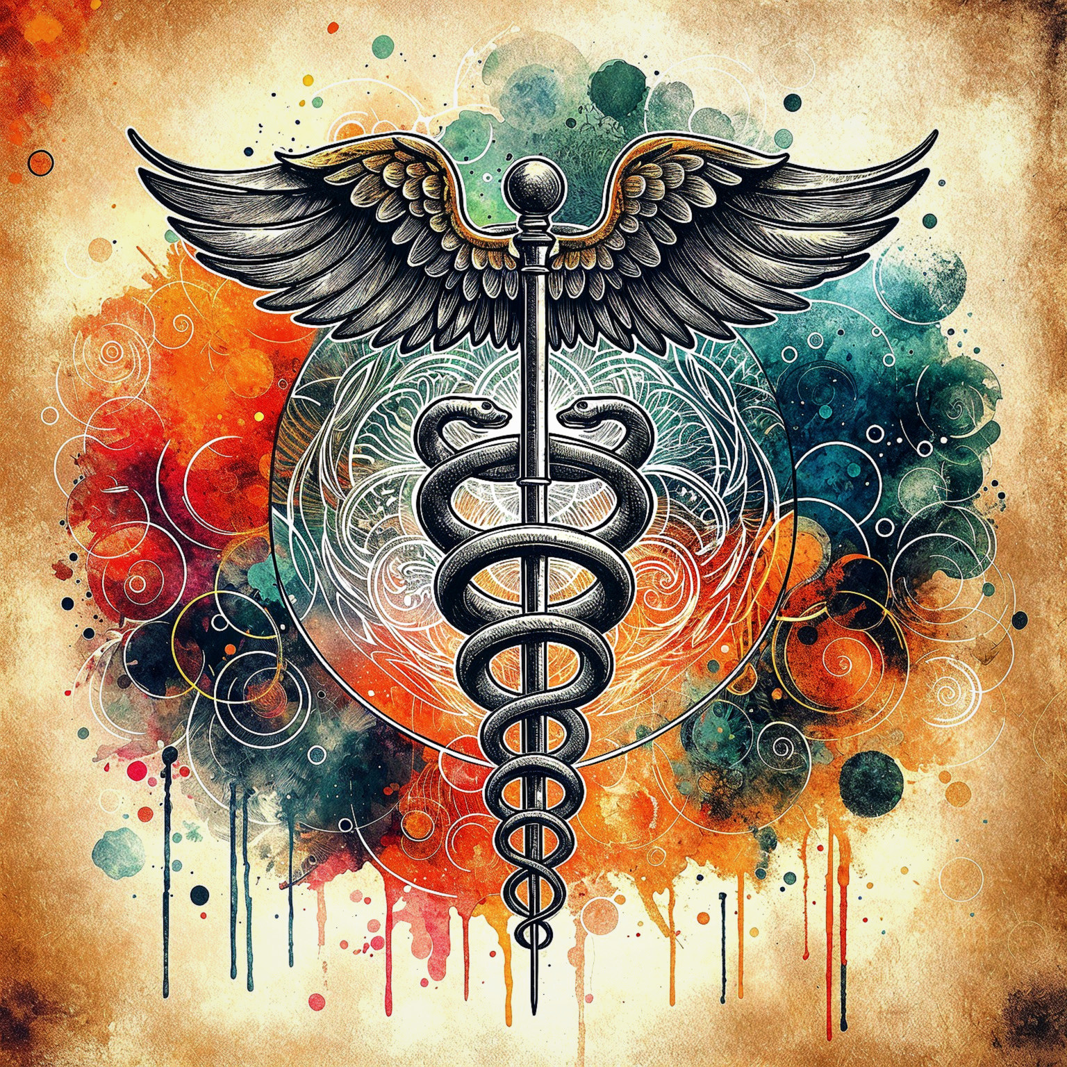 Caduceus Symbol with Vibrant Abstract Background