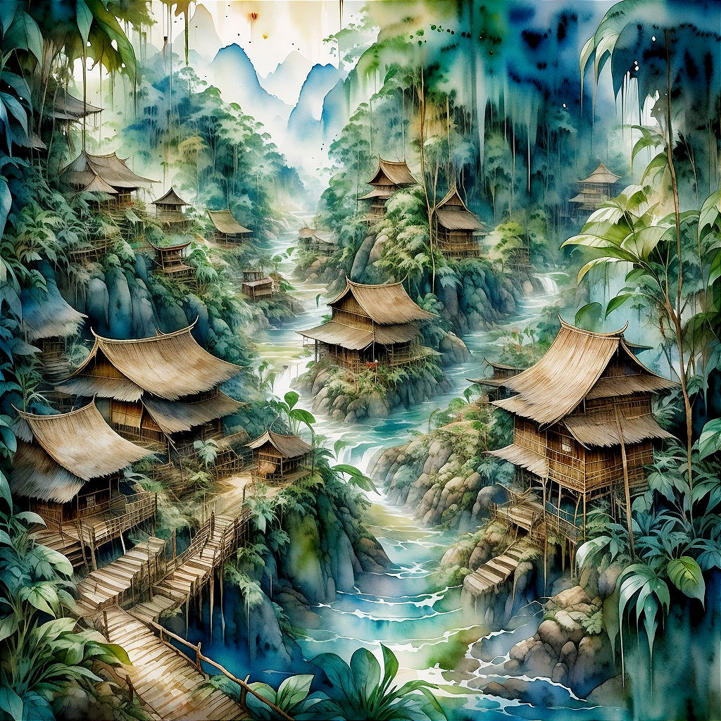 Serene Landscape with Wooden Houses and Lush Greenery