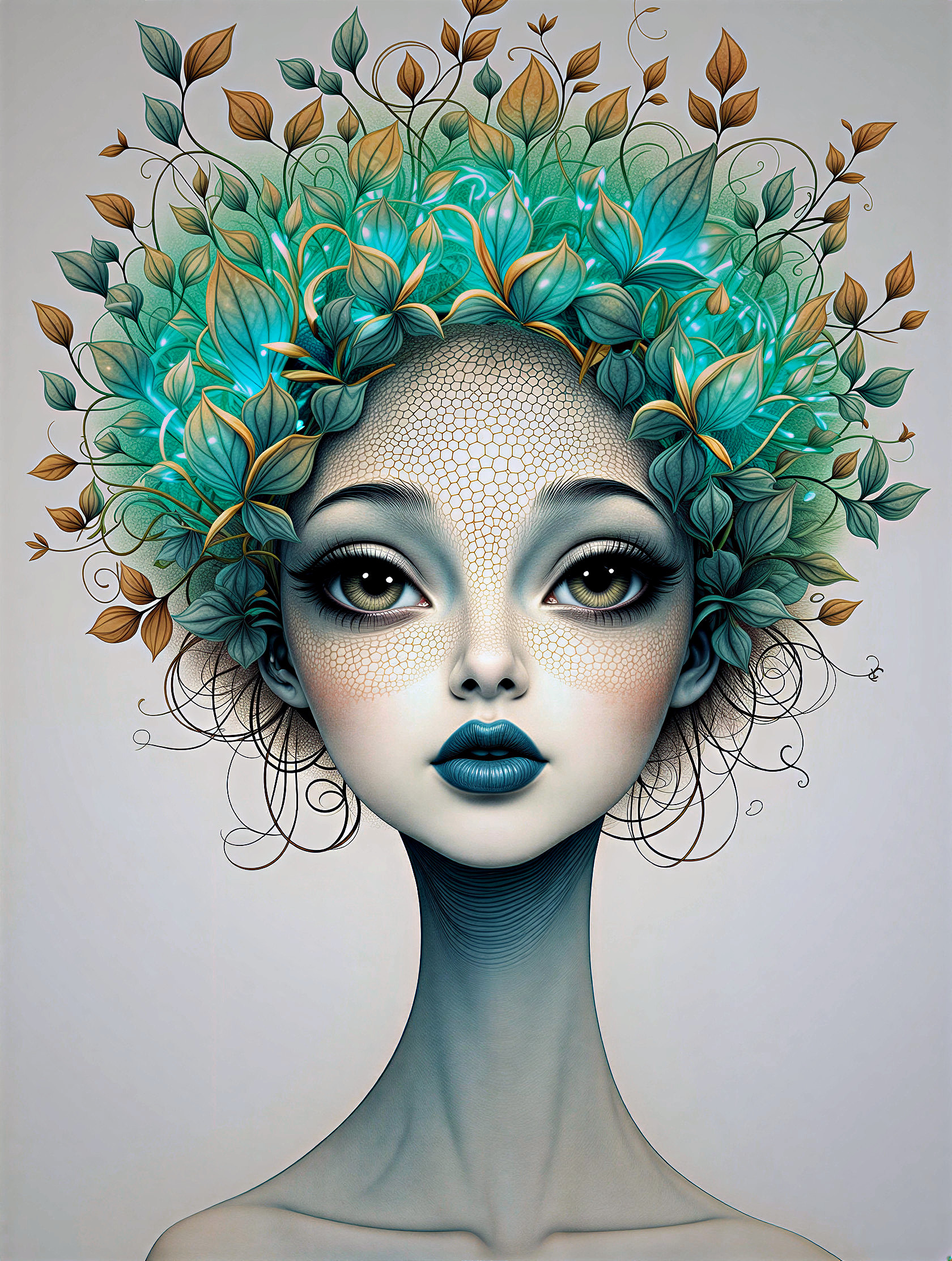 Surreal Woman with Nature-Inspired Hair and Calm Demeanor