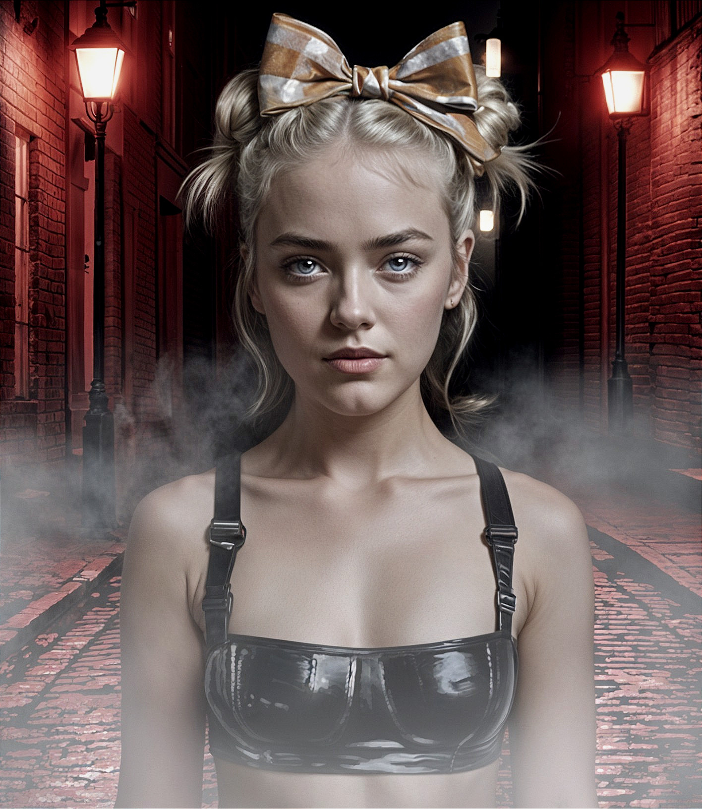 Young woman in alleyway with playful hair and bold style