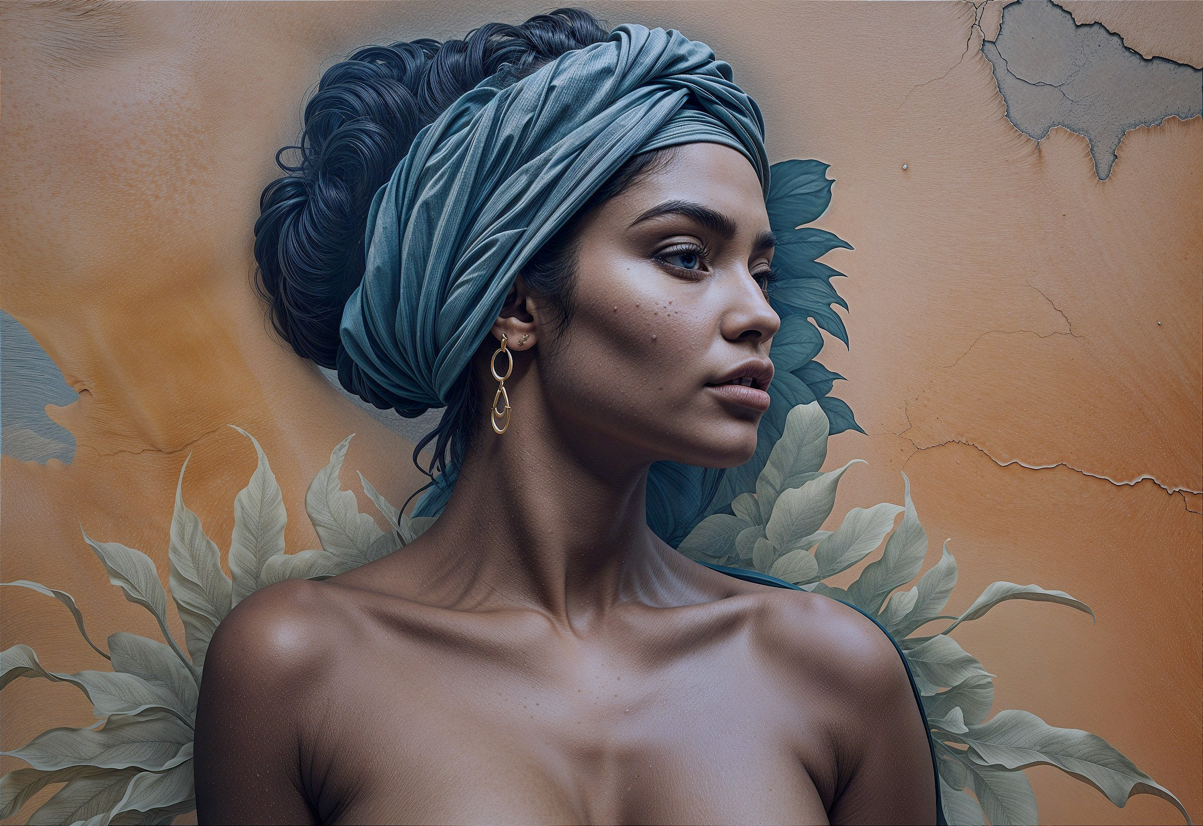 Woman with head wrap and glowing skin in nature scene