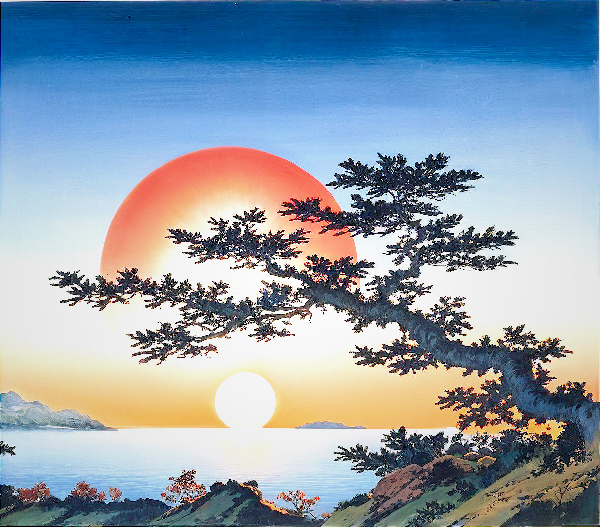 Vibrant Sunset Over Calm Waters with Framing Tree Branch