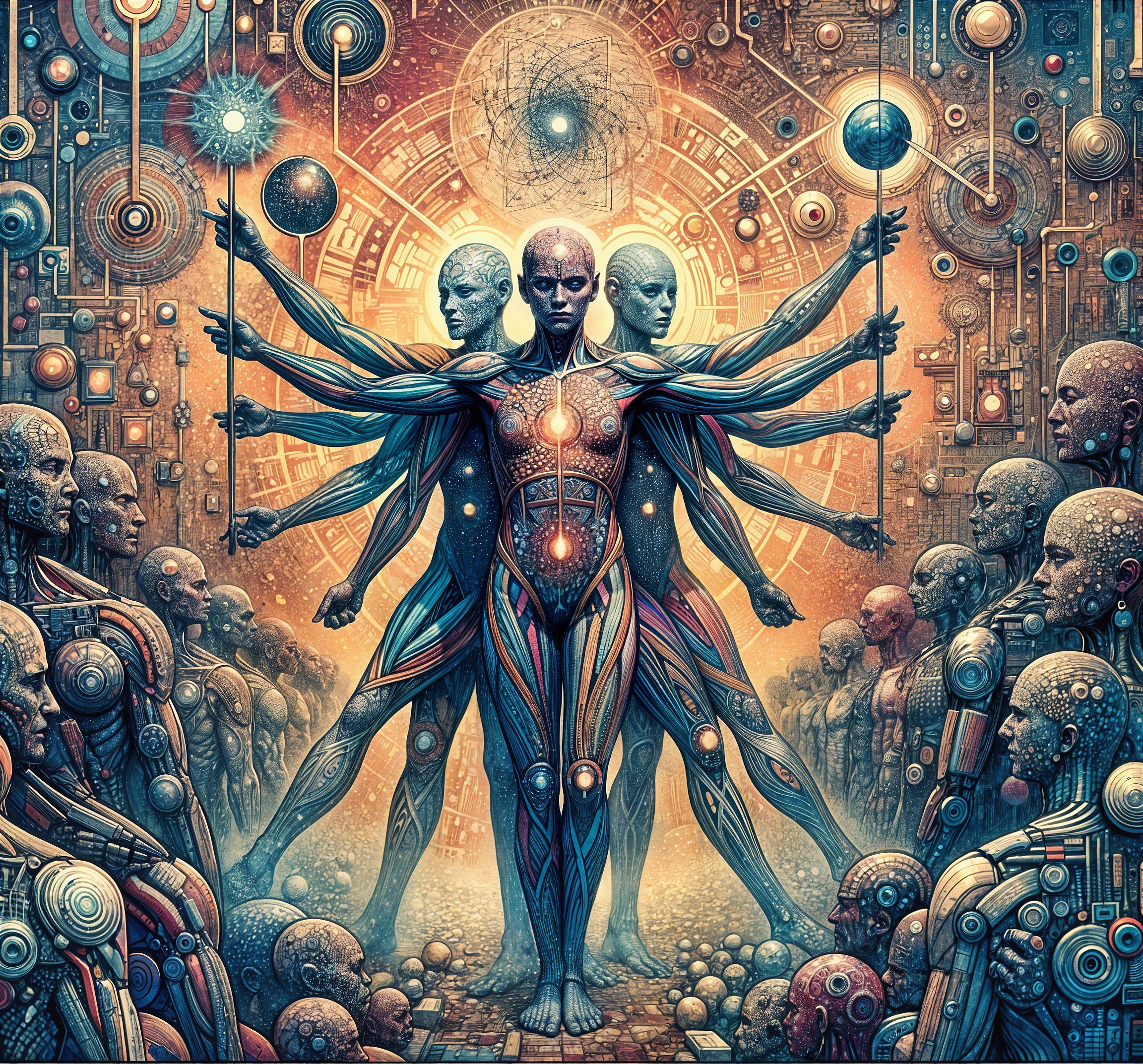 Futuristic humanoid figure in a cosmic, spiritual setting