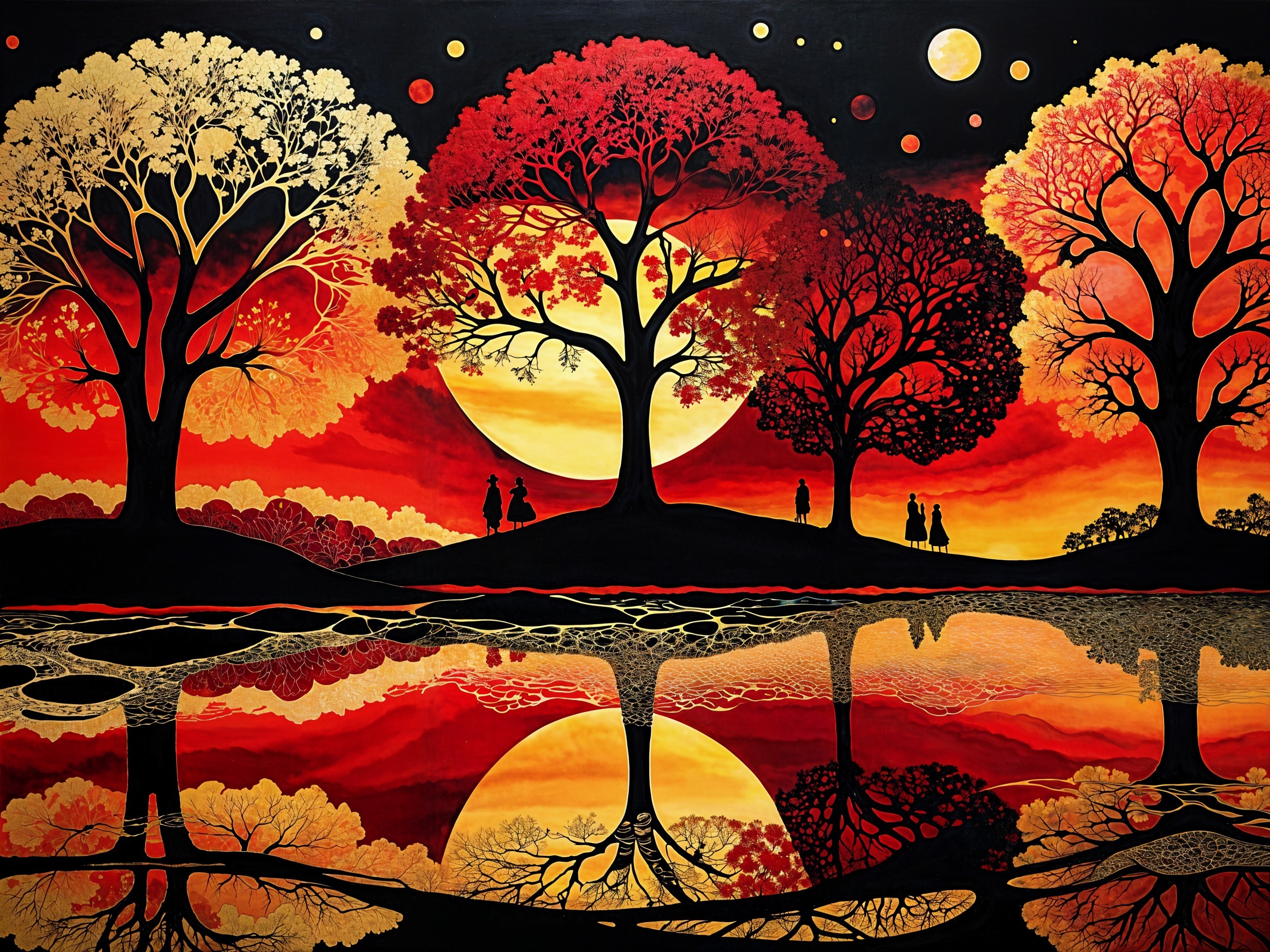 Vibrant Sunset with Silhouetted Trees and River Reflections