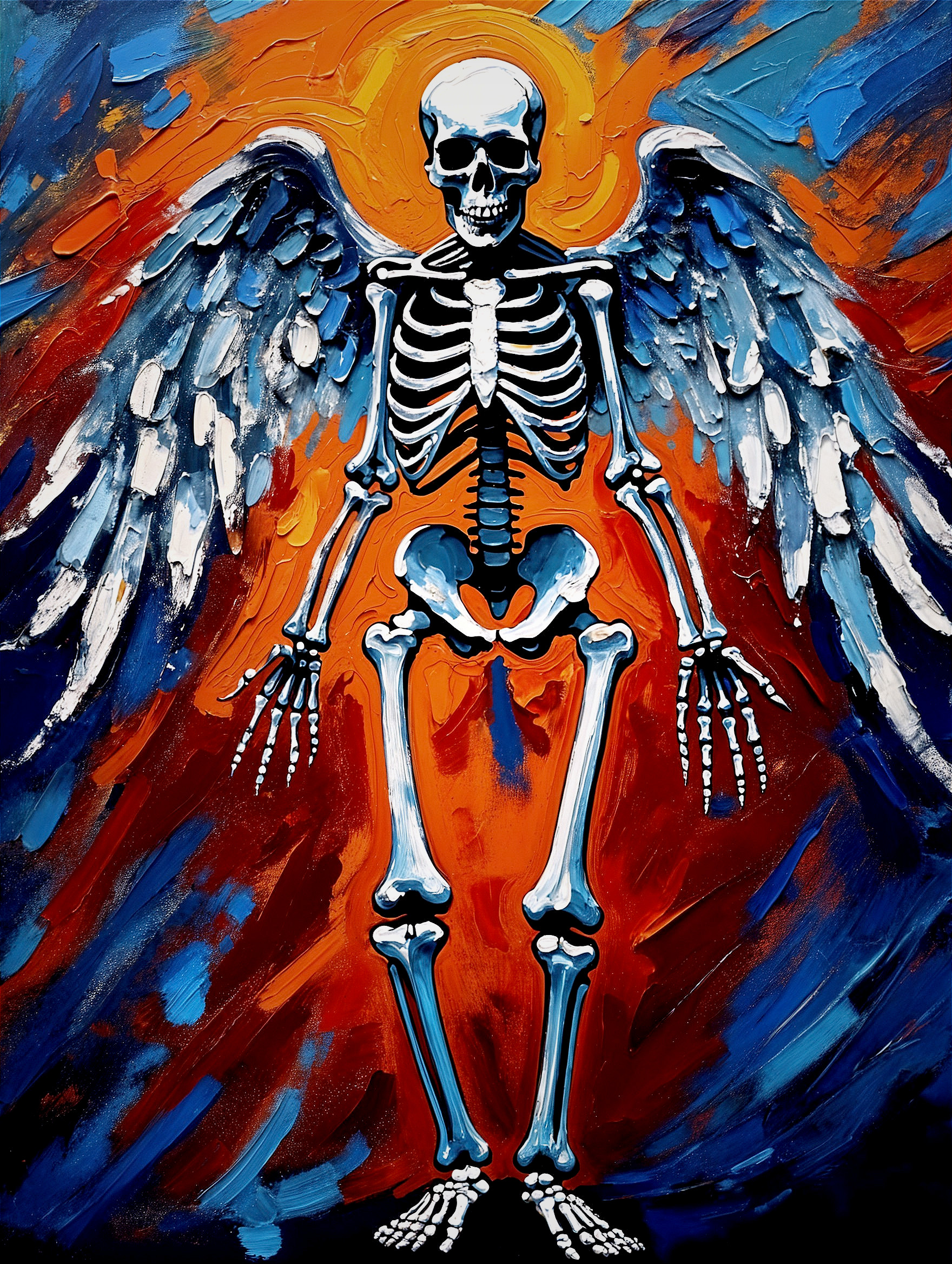 Skeleton with Feathered Wings in Abstract Colors