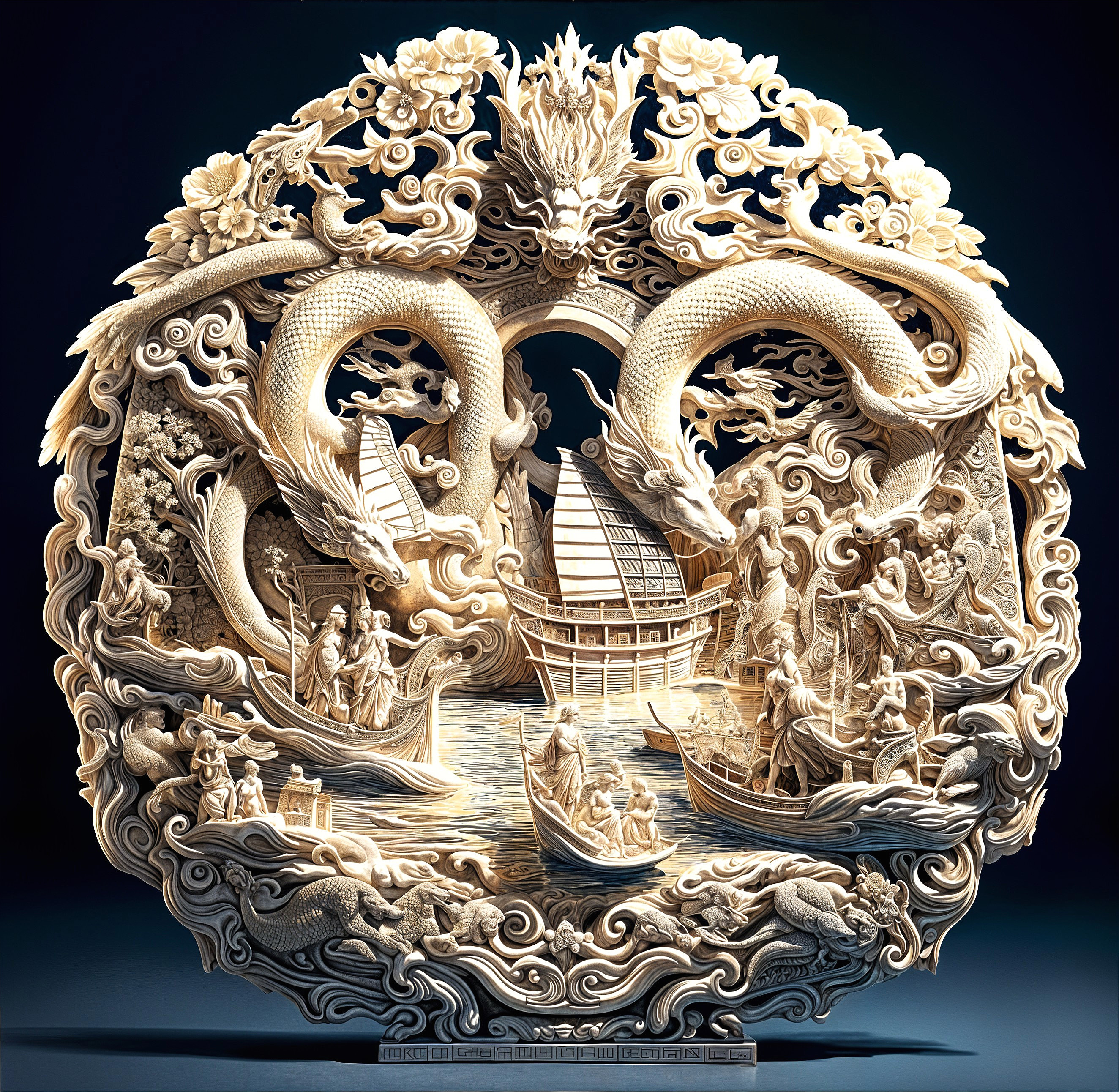 Intricately Carved Ivory Sculpture of Entwined Dragons