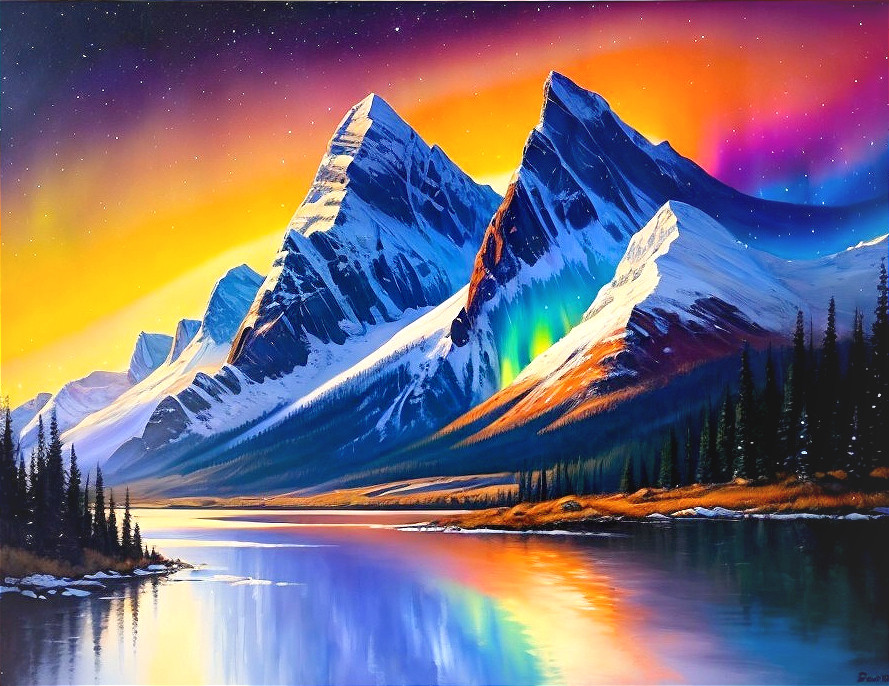 Majestic Snow-Capped Mountains Under Northern Lights