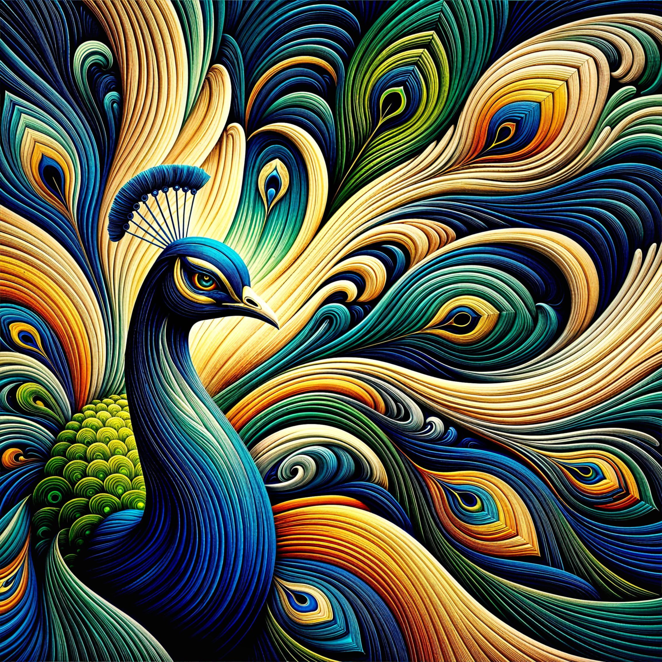 Stylized peacock with vibrant, swirling feathers