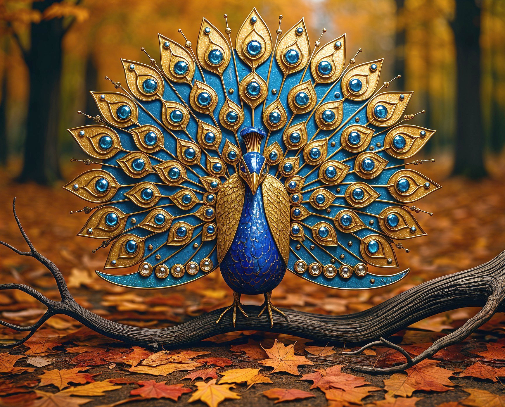Peacock Displaying Vibrant Feathers on Twisted Branch