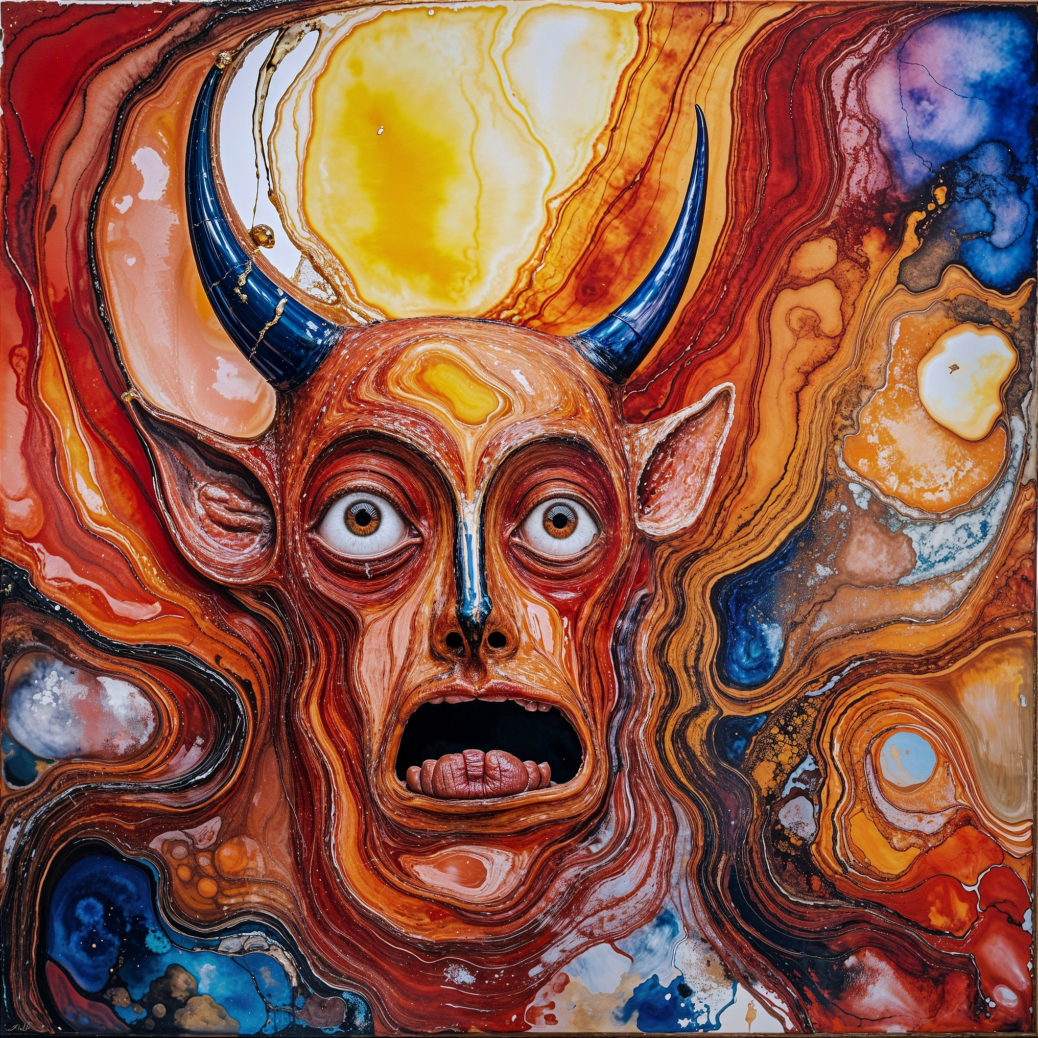 Surreal Face with Exaggerated Features and Vibrant Background