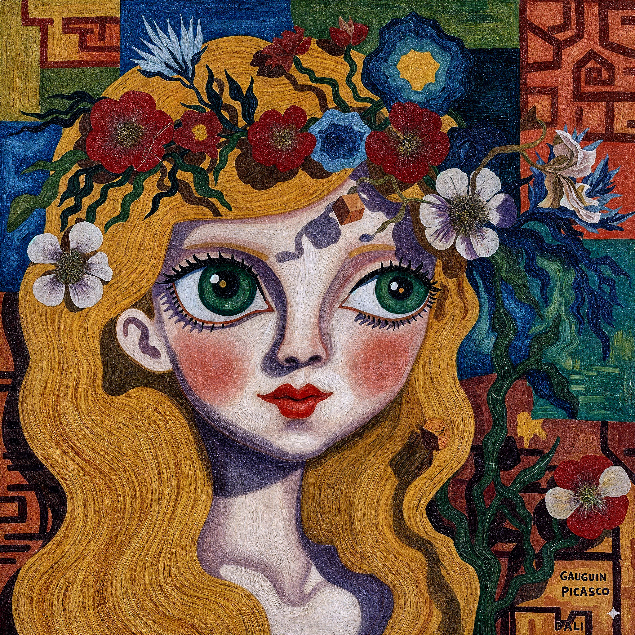 Whimsical Artwork of a Girl with Floral Crown